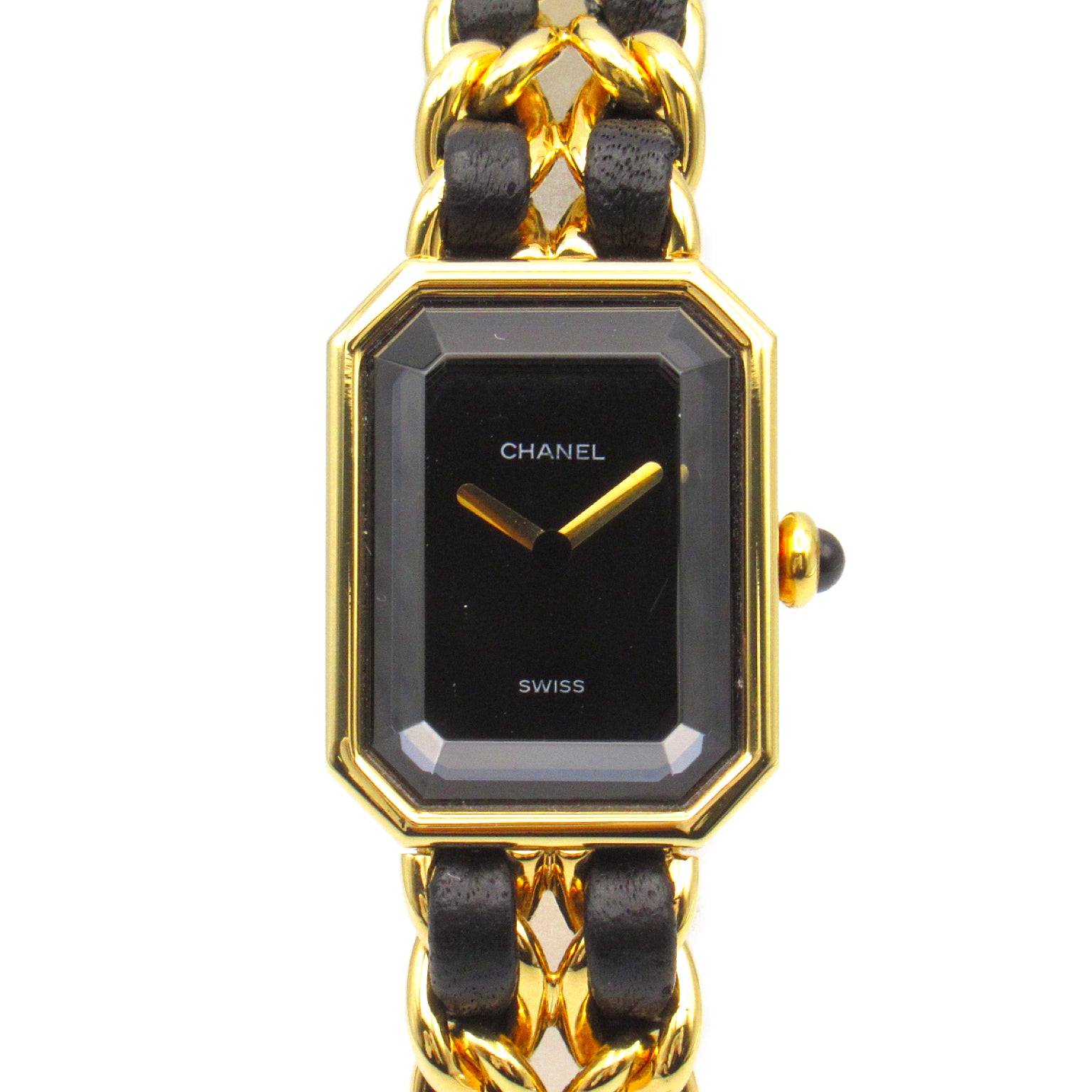 CHANEL CC Premiere L Quartz Movement Watch H0001 Gold Plated Leather Black #16cm