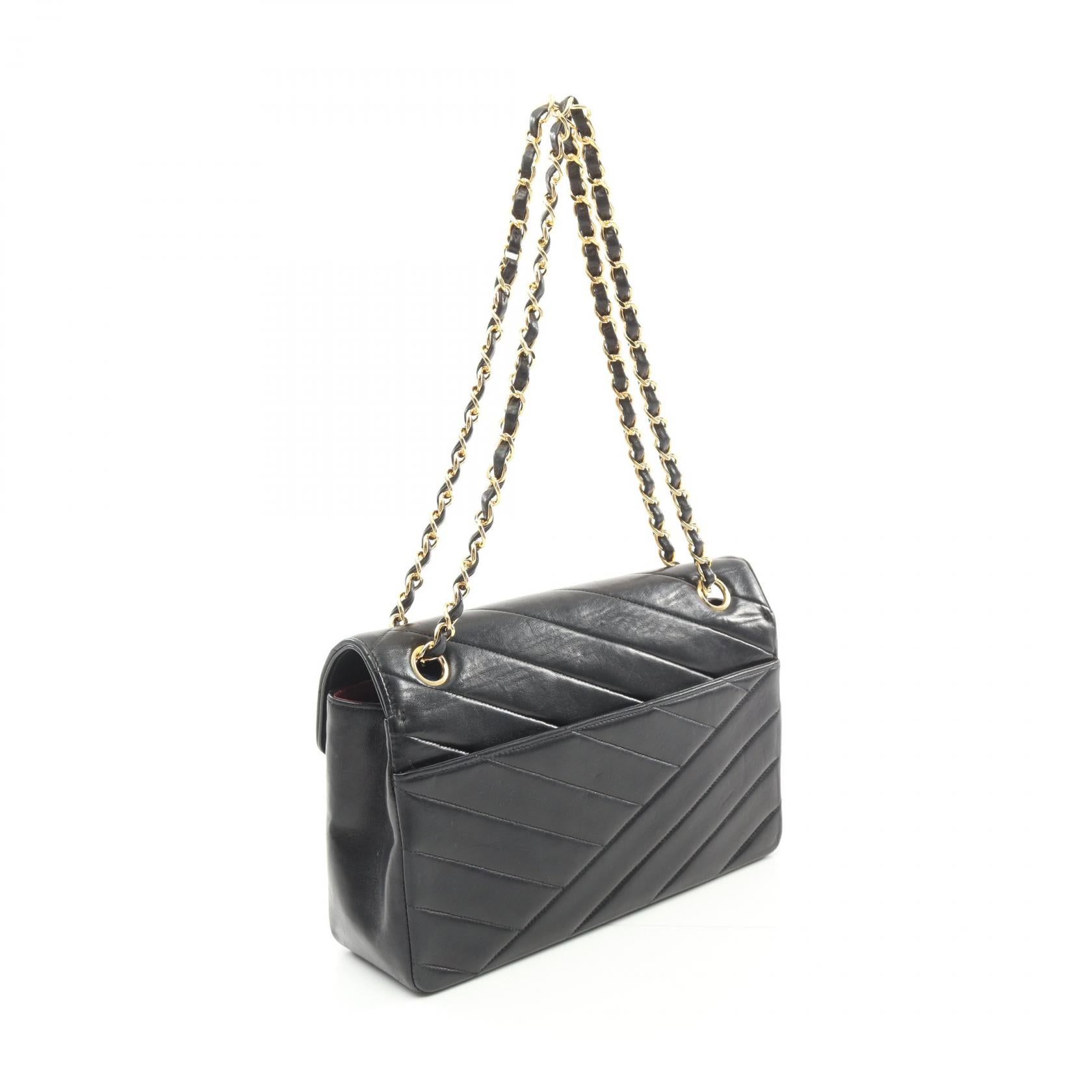 CHANEL CC GHW Bias Stitch Chain Shoulder Bag Lambskin Leather Black