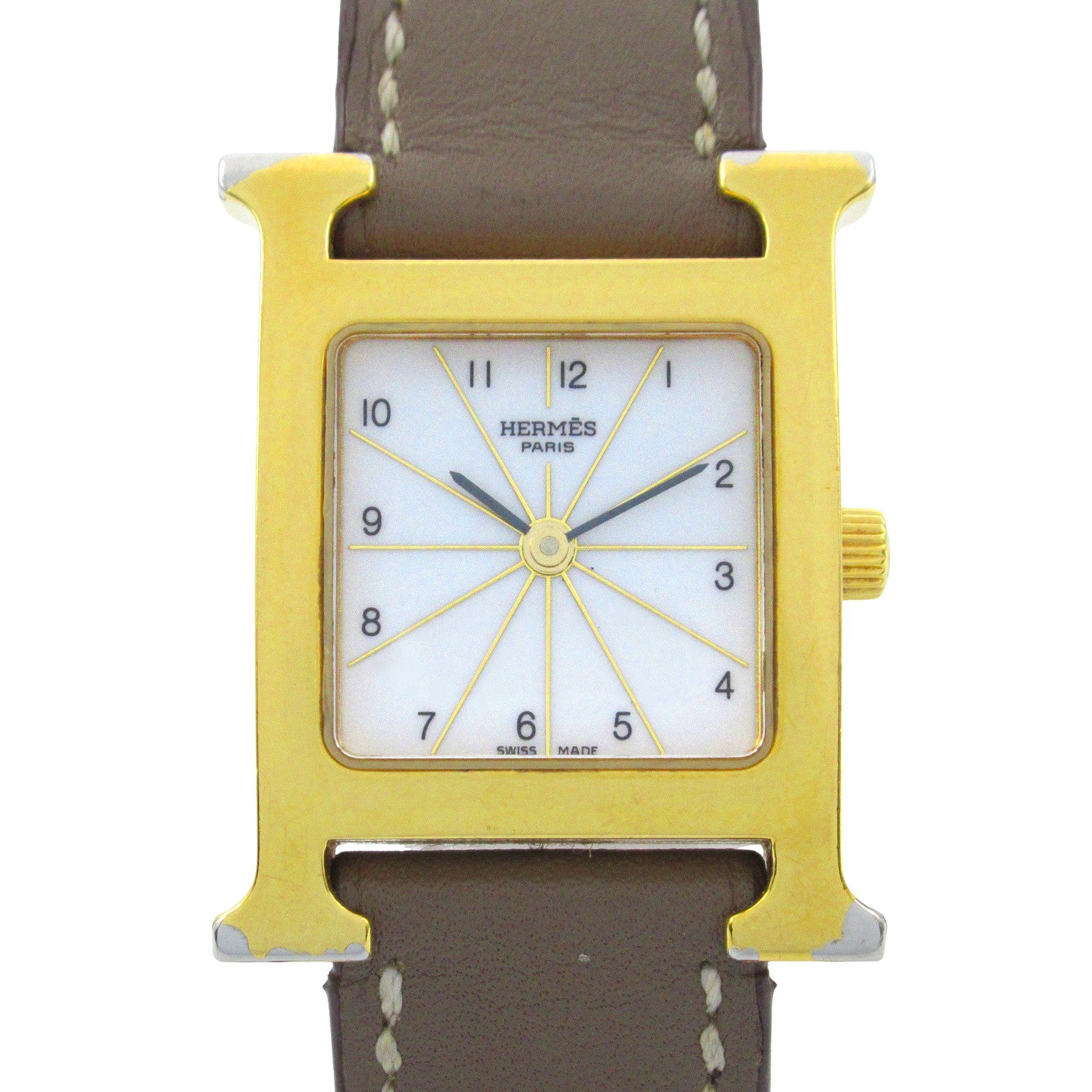 HERMES H Watch HH1.201 Quartz Watch Gold Plated Leather Belt White