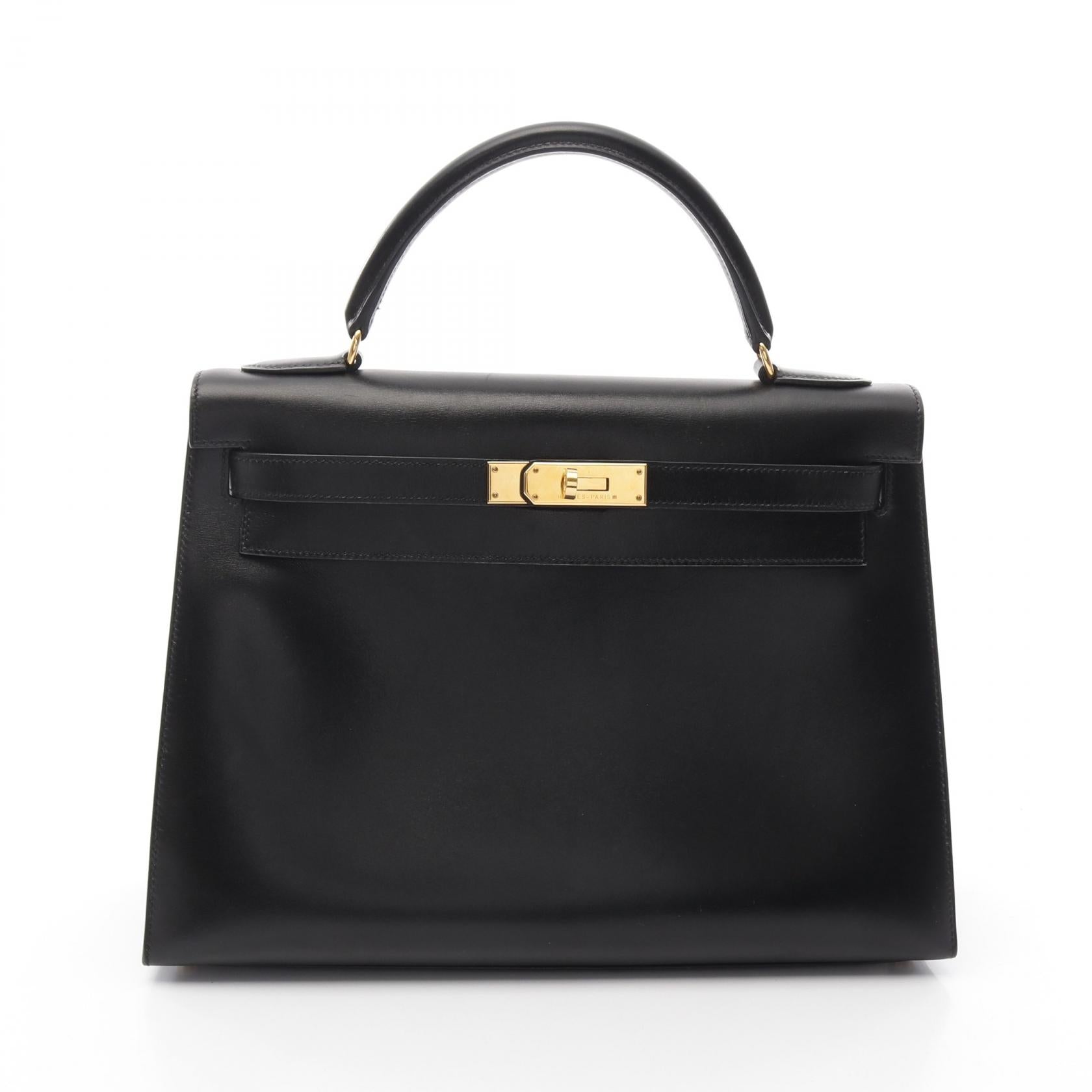 HERMES Box Calf皮革Kelly 32金扣手挽肩背兩用袋Noir