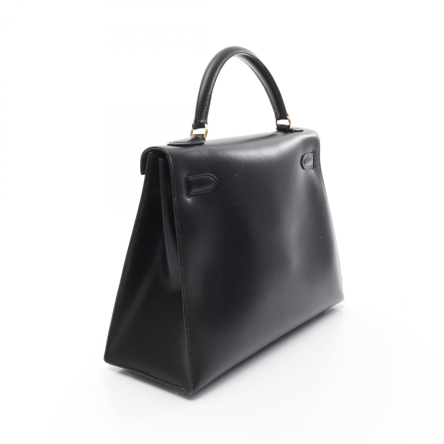 HERMES Box Calf皮革Kelly 32金扣手挽肩背兩用袋Noir