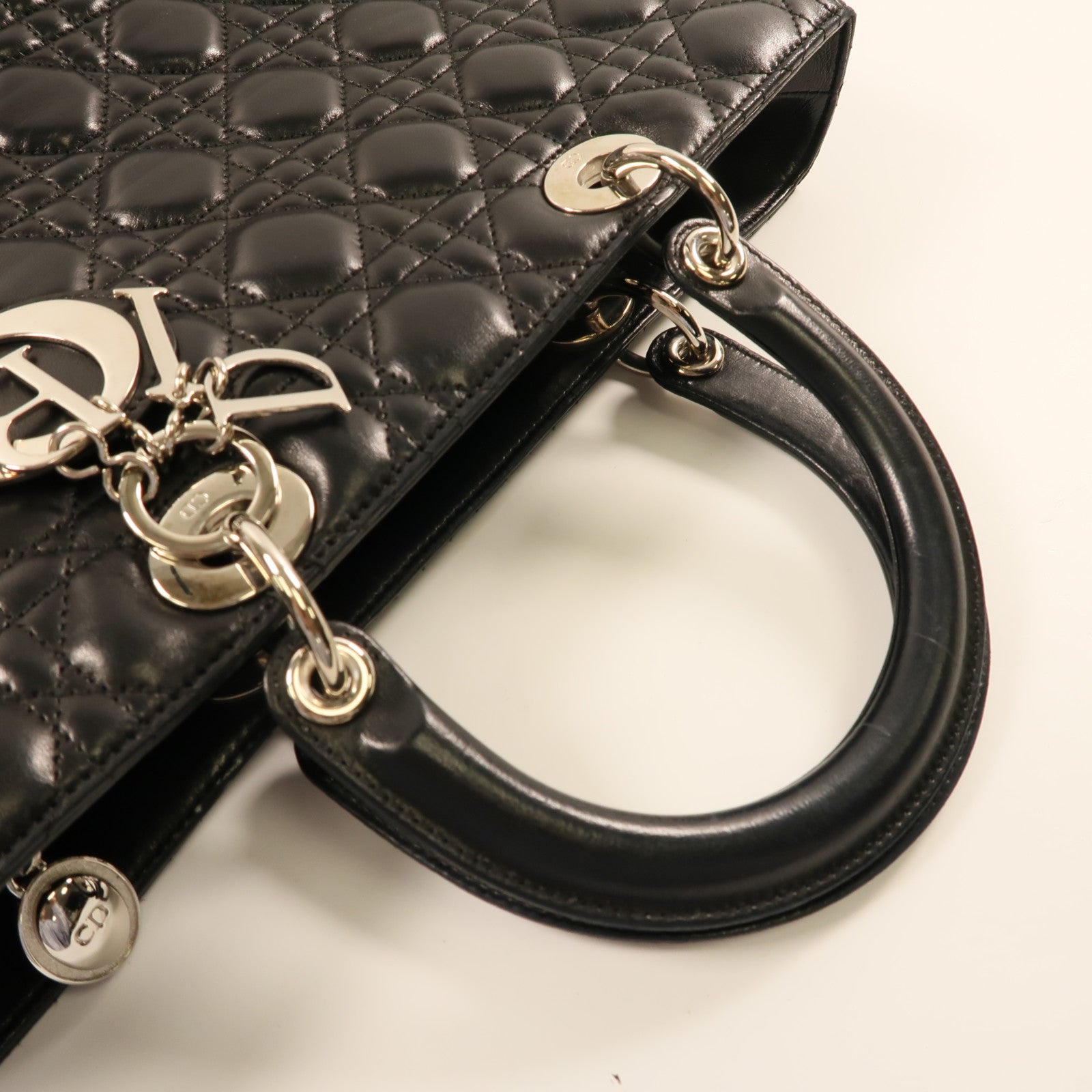 Dior 牛皮皮革Vintage Lady Dior銀扣手挽袋黑色