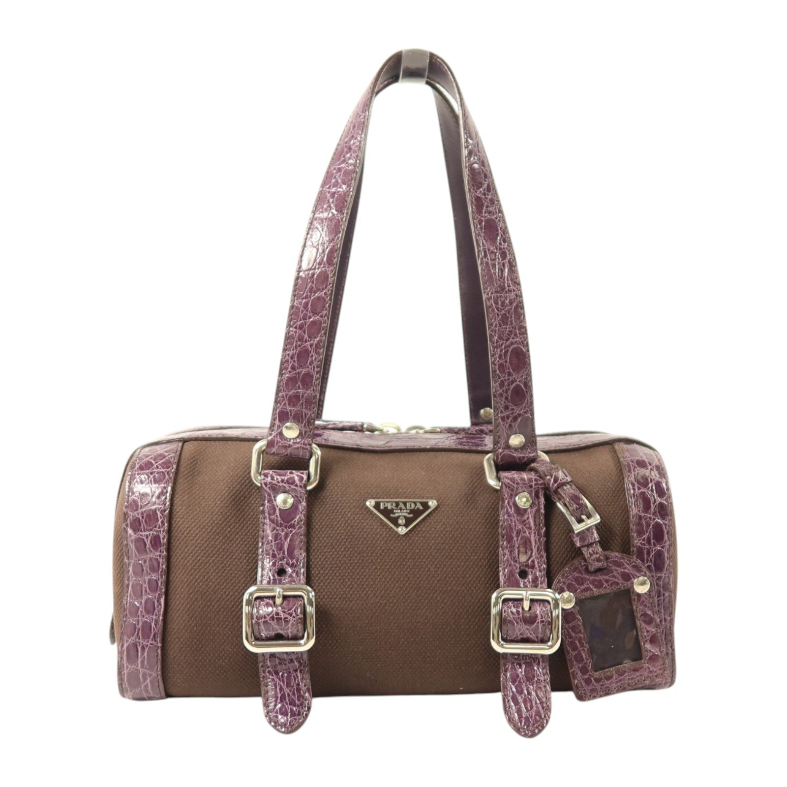 PRADA 帆布/鱷魚皮革Sybille Hand Bag銀扣手挽袋