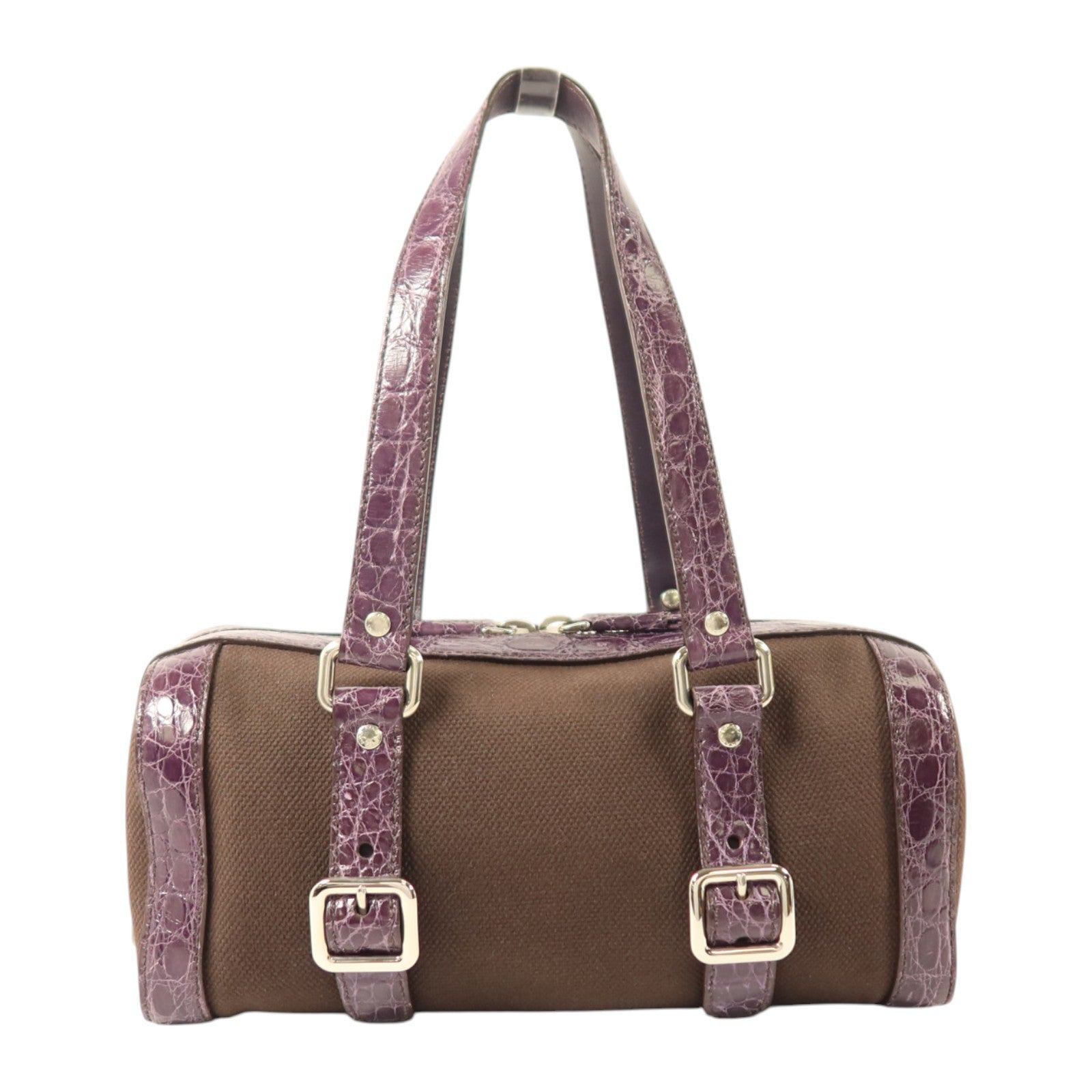 PRADA 帆布/鱷魚皮革Sybille Hand Bag銀扣手挽袋