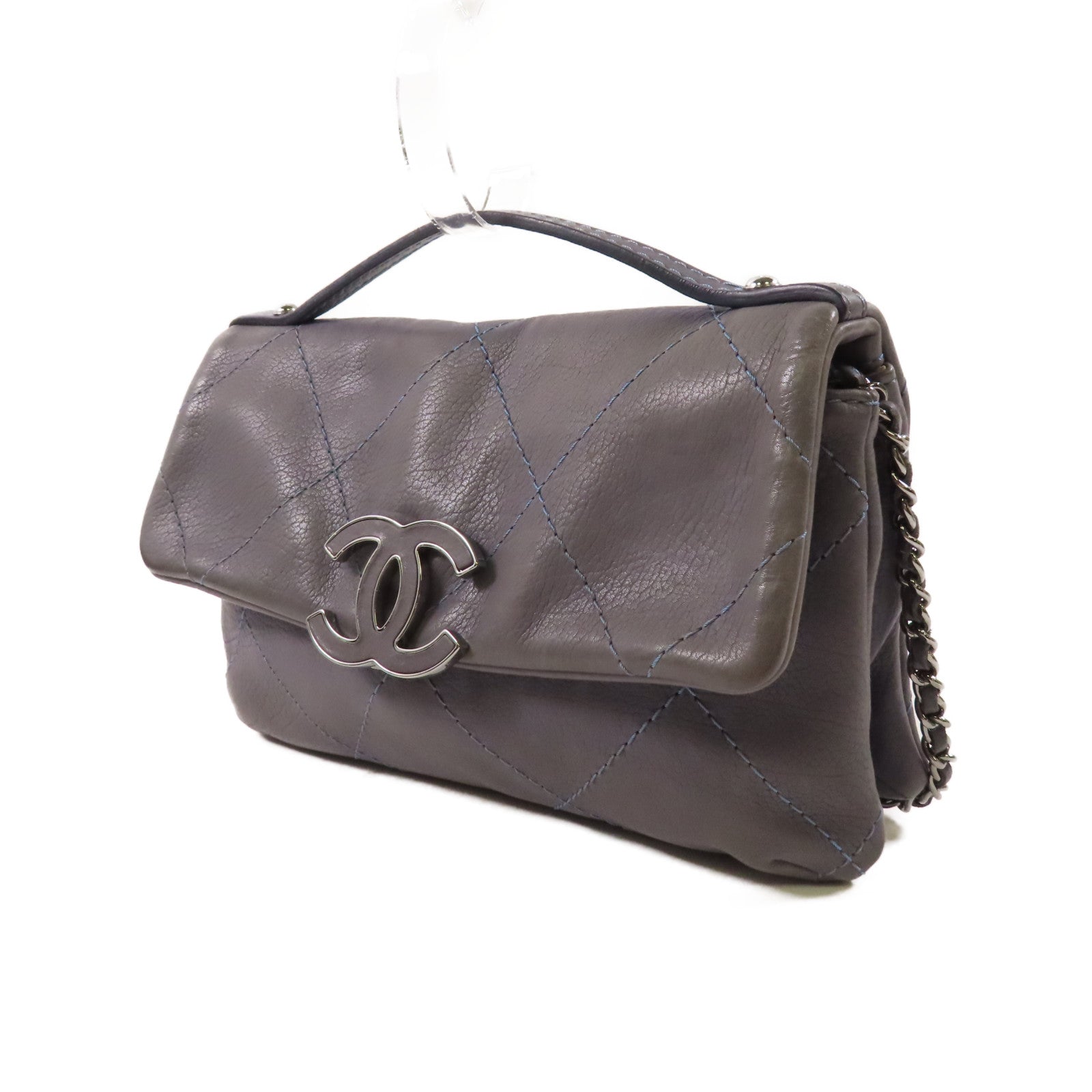 CHANEL 牛皮皮革Chain Shoulder銀扣手挽肩背兩用袋