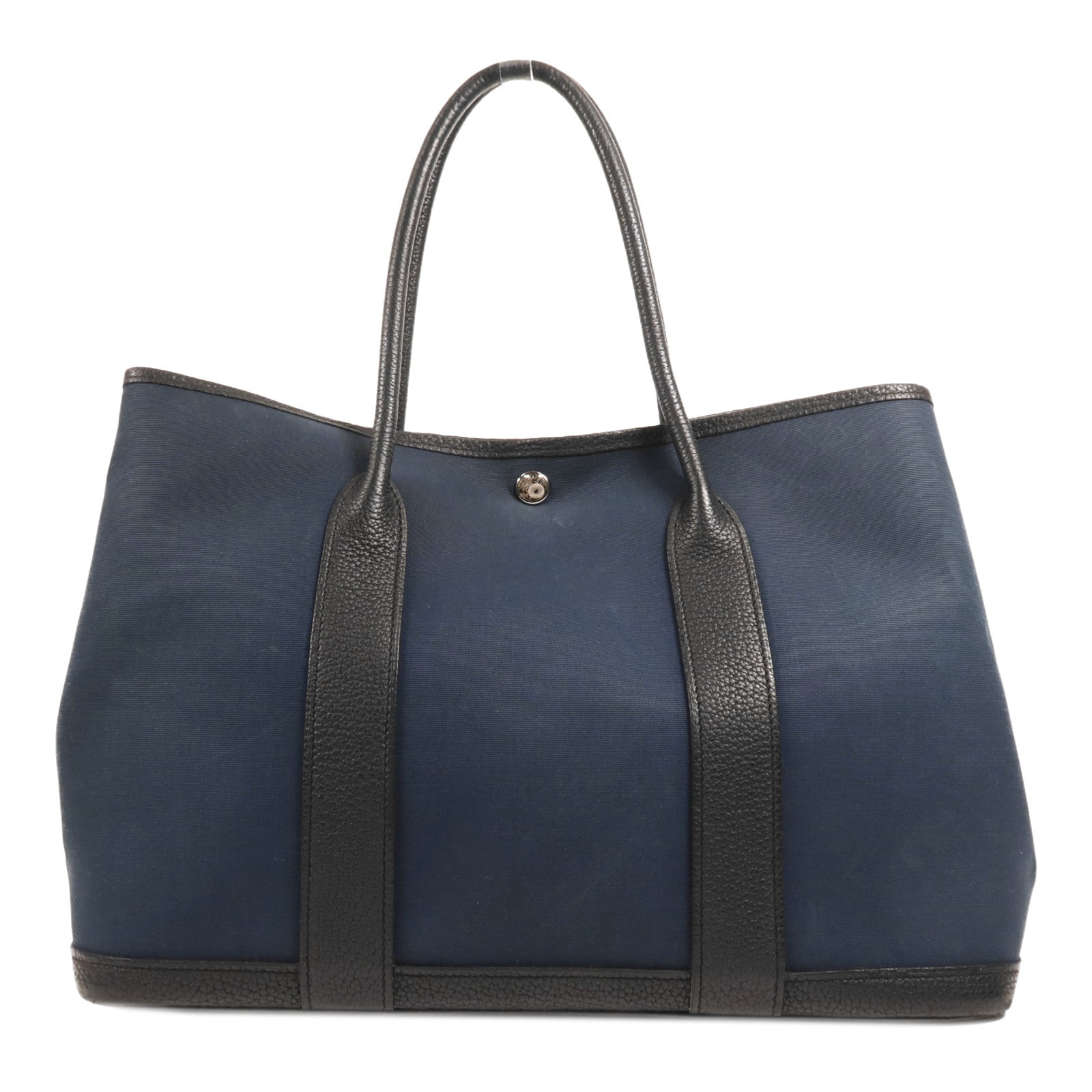 HERMES 帆布GardenParty PM銀扣手挽袋Bleu de Malte