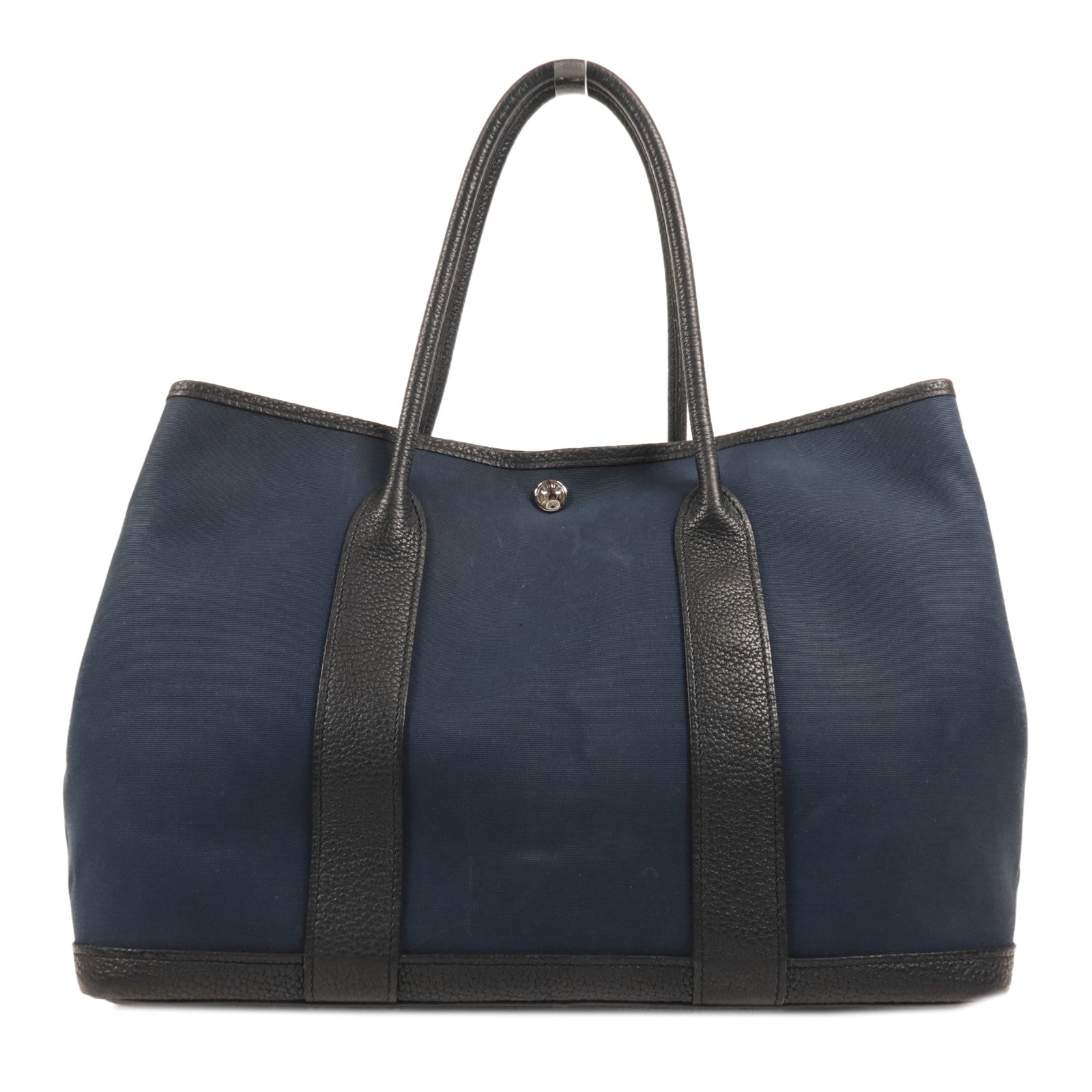HERMES 帆布GardenParty PM銀扣手挽袋Bleu de Malte