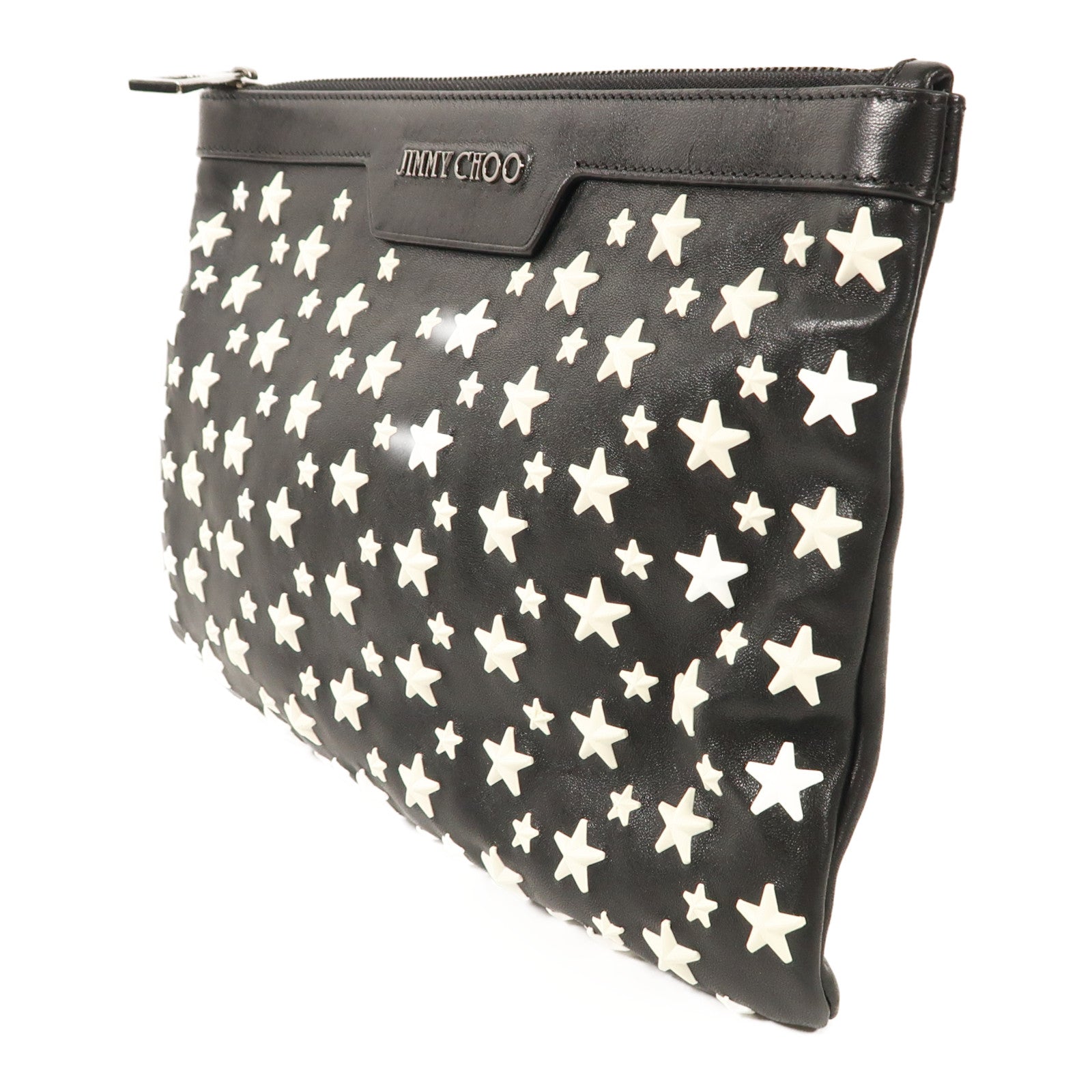 JIMMY CHOO SHW Pouch Clutch Bag Calfskin Leather Black/White