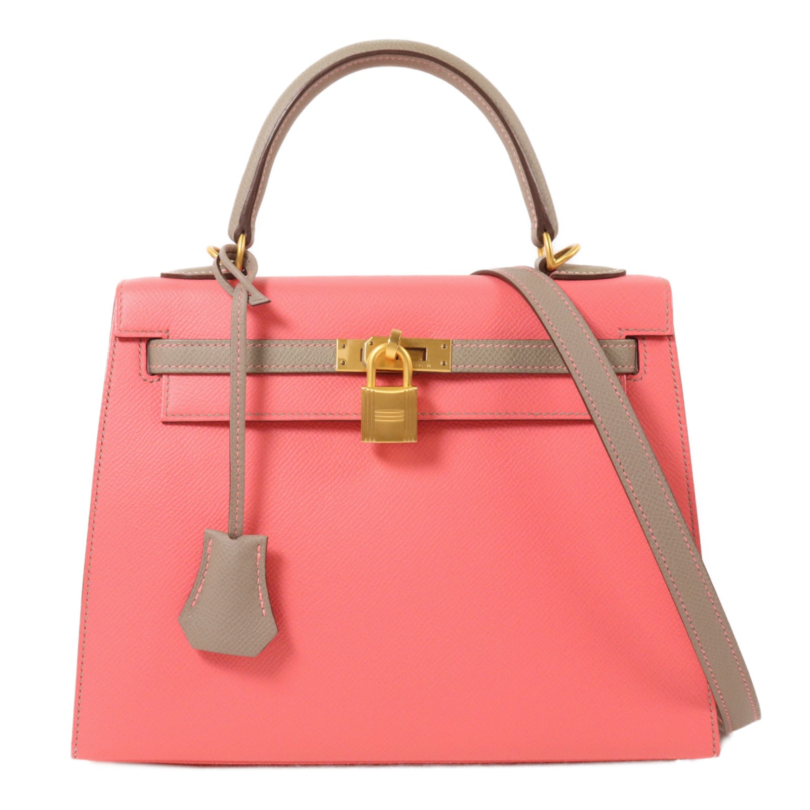 HERMES Epsom皮革Kelly 25手挽肩背兩用袋Rose Azalee/Gris Mouette