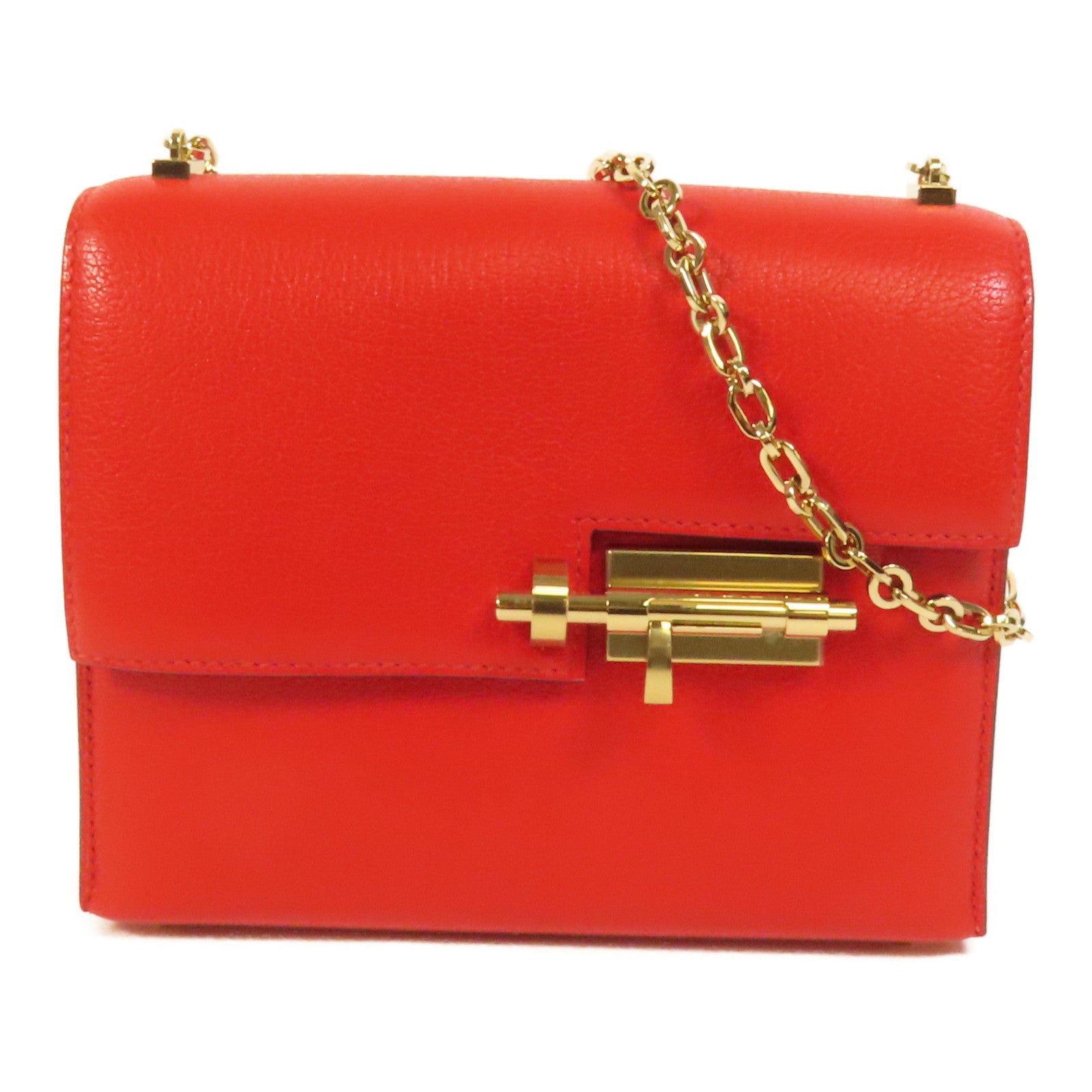HERMES Chevre皮革Verrou Mini金扣鏈帶肩背袋Red
