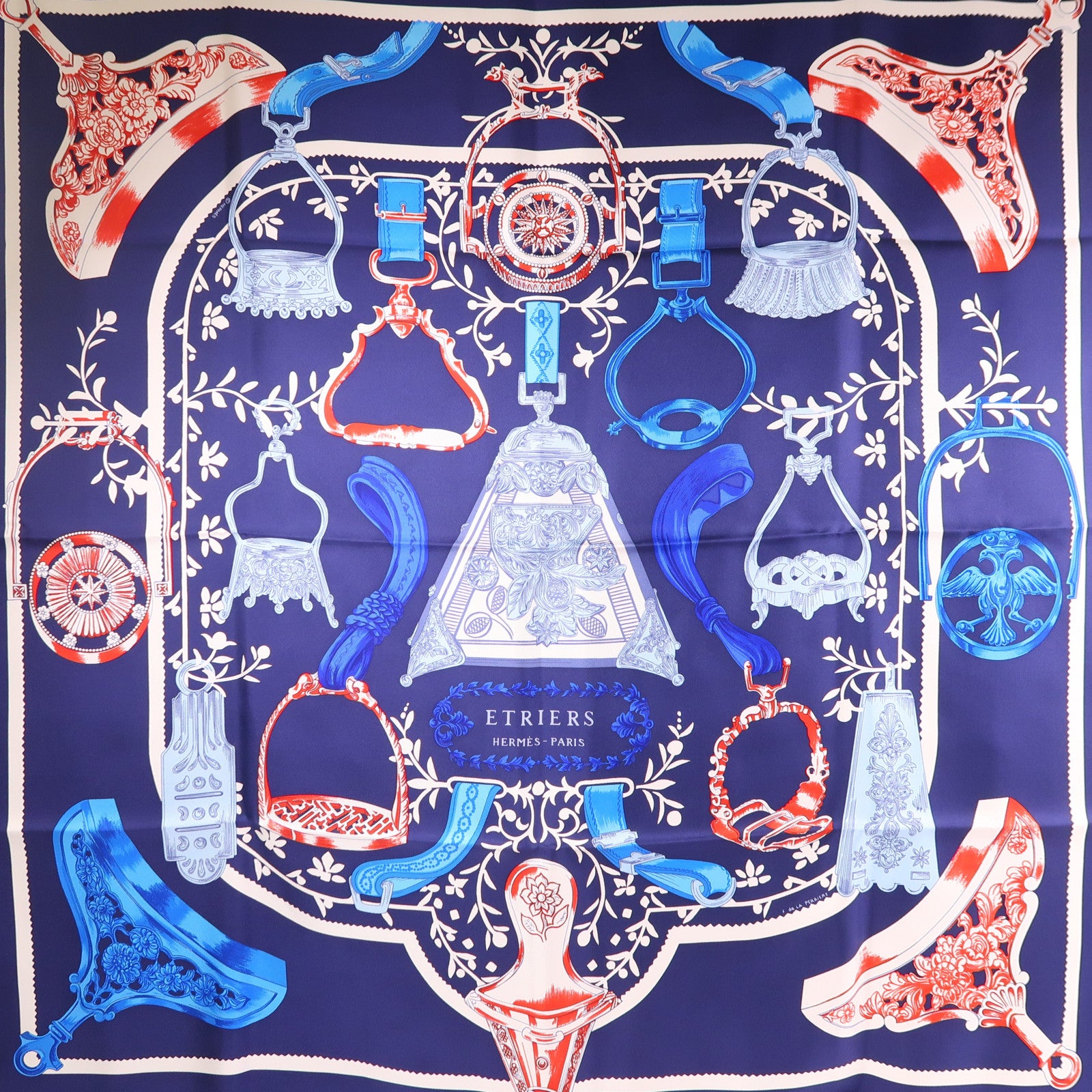 HERMES Scarf Silk Blue Red White