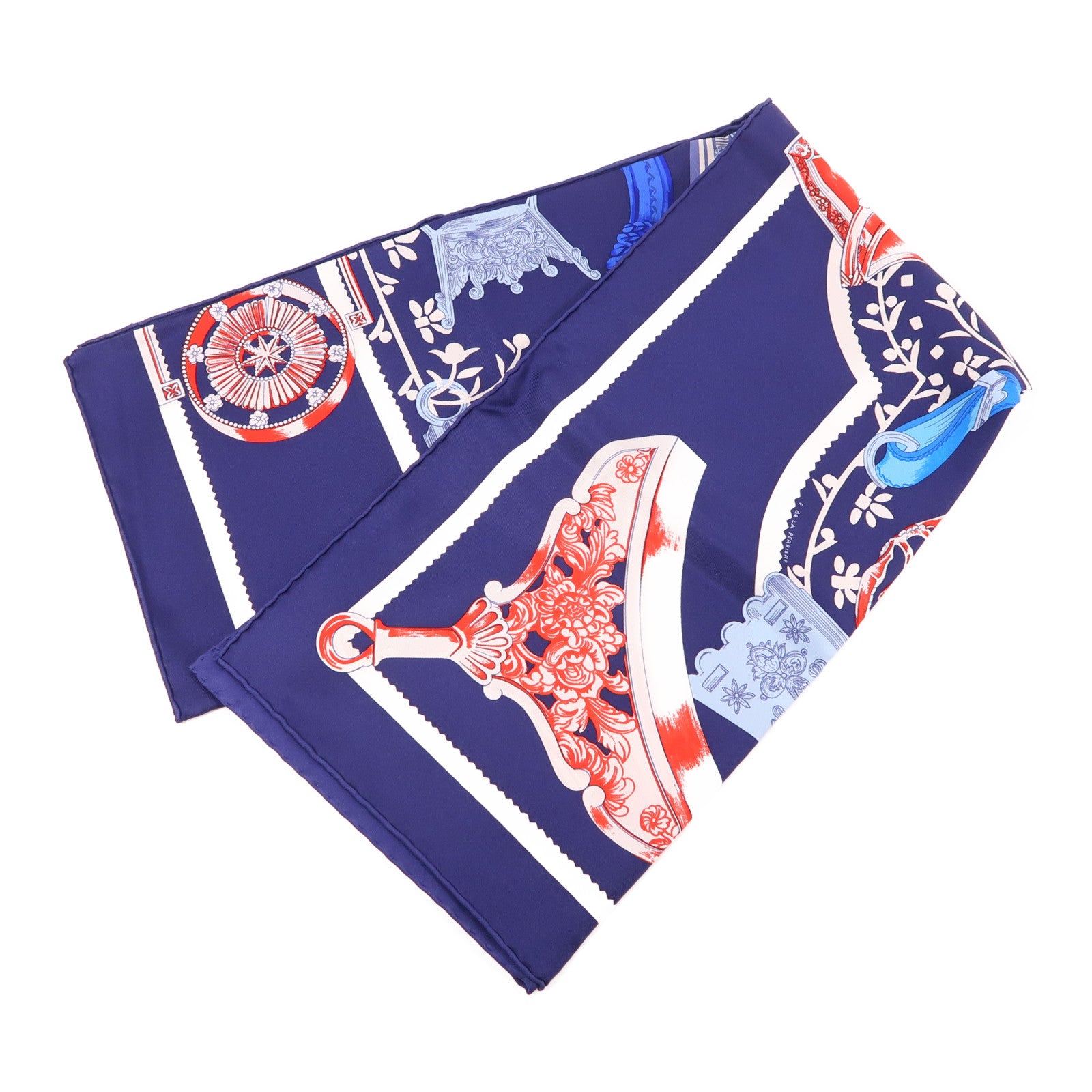 HERMES Scarf Silk Blue Red White