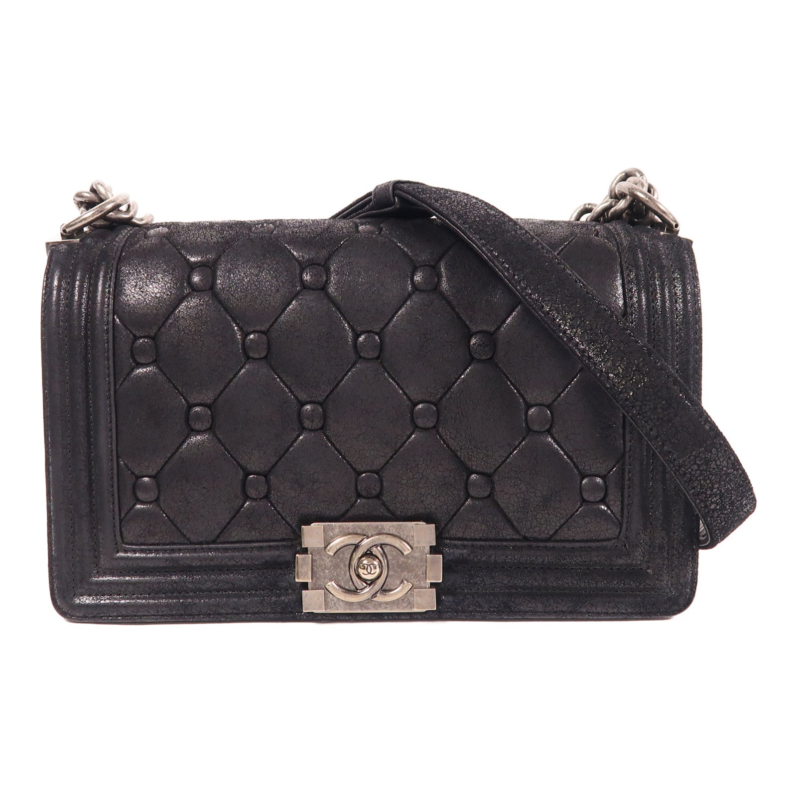 CHANEL CC SHW Boy 25 Chain Shoulder Bag Calfskin Leather Black