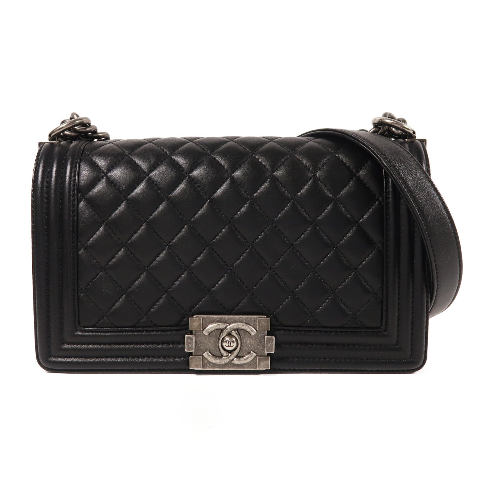 CHANEL 羊皮皮革Boy 25銀扣鏈帶肩背袋