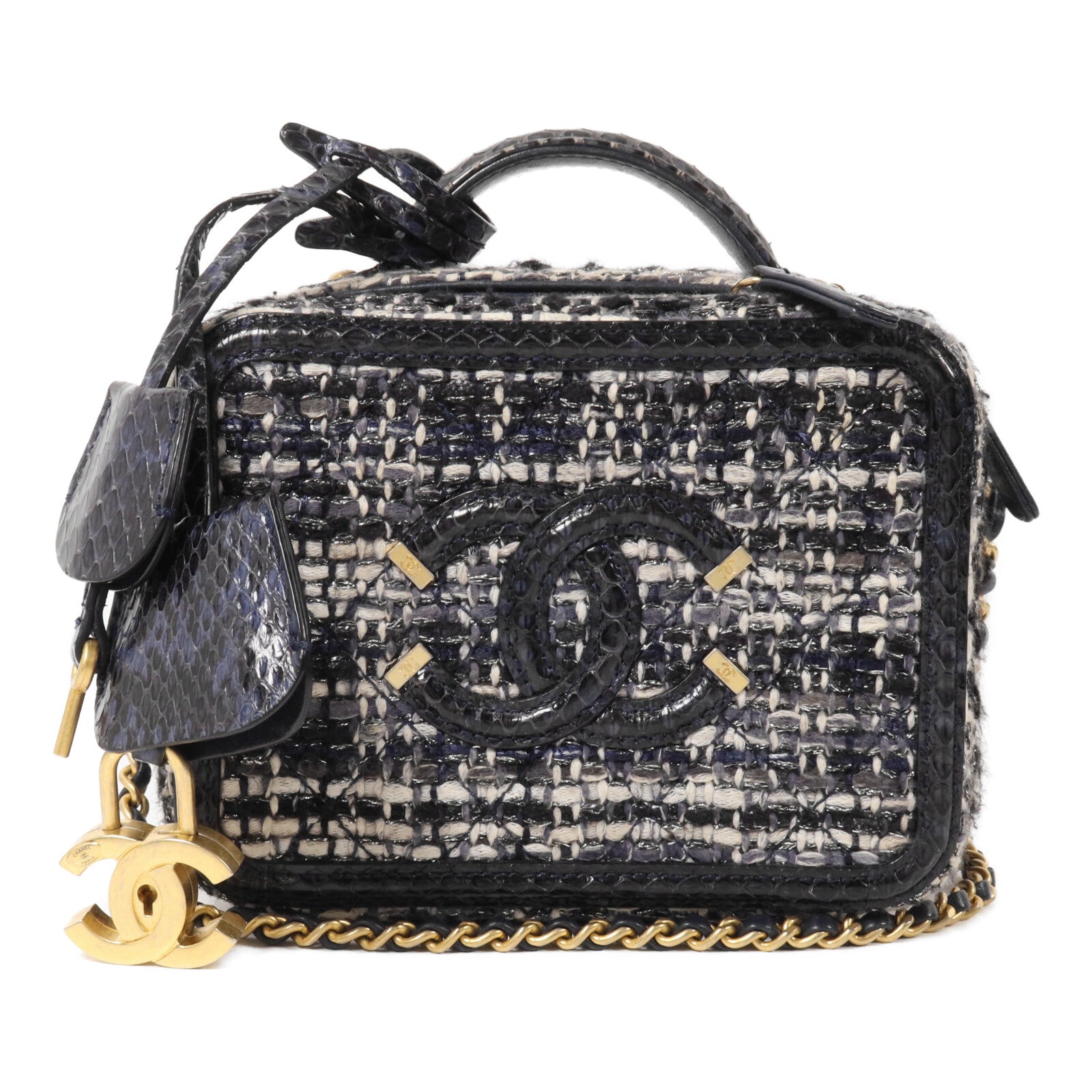 CHANEL Tweed/蛇皮皮革Vanity Case鏈帶手挽肩背兩用袋
