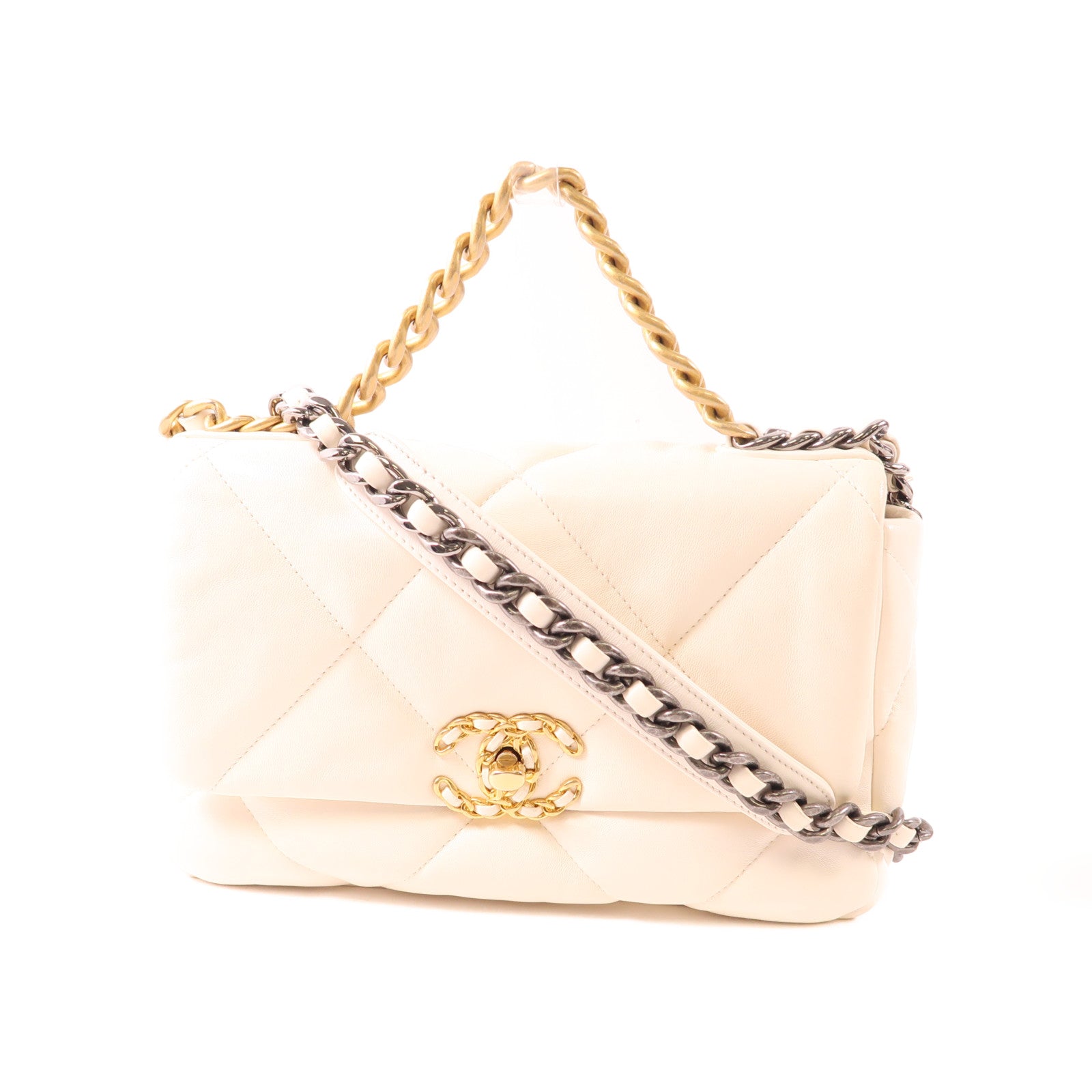 CHANEL CC GHW C19 Small 2Way Shoulder Hand Bag AS1160 Calfskin Leather White