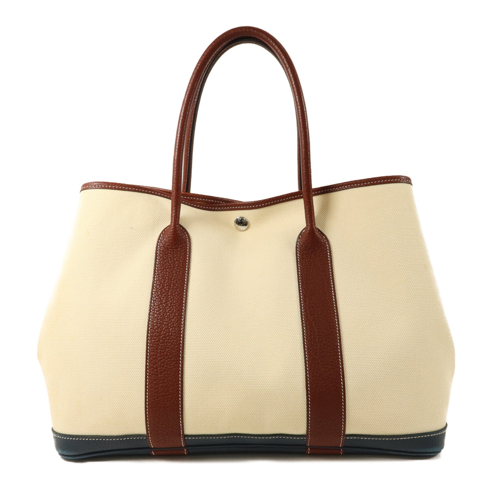 HERMES 帆布Garden Party PM銀扣手挽袋Blanc