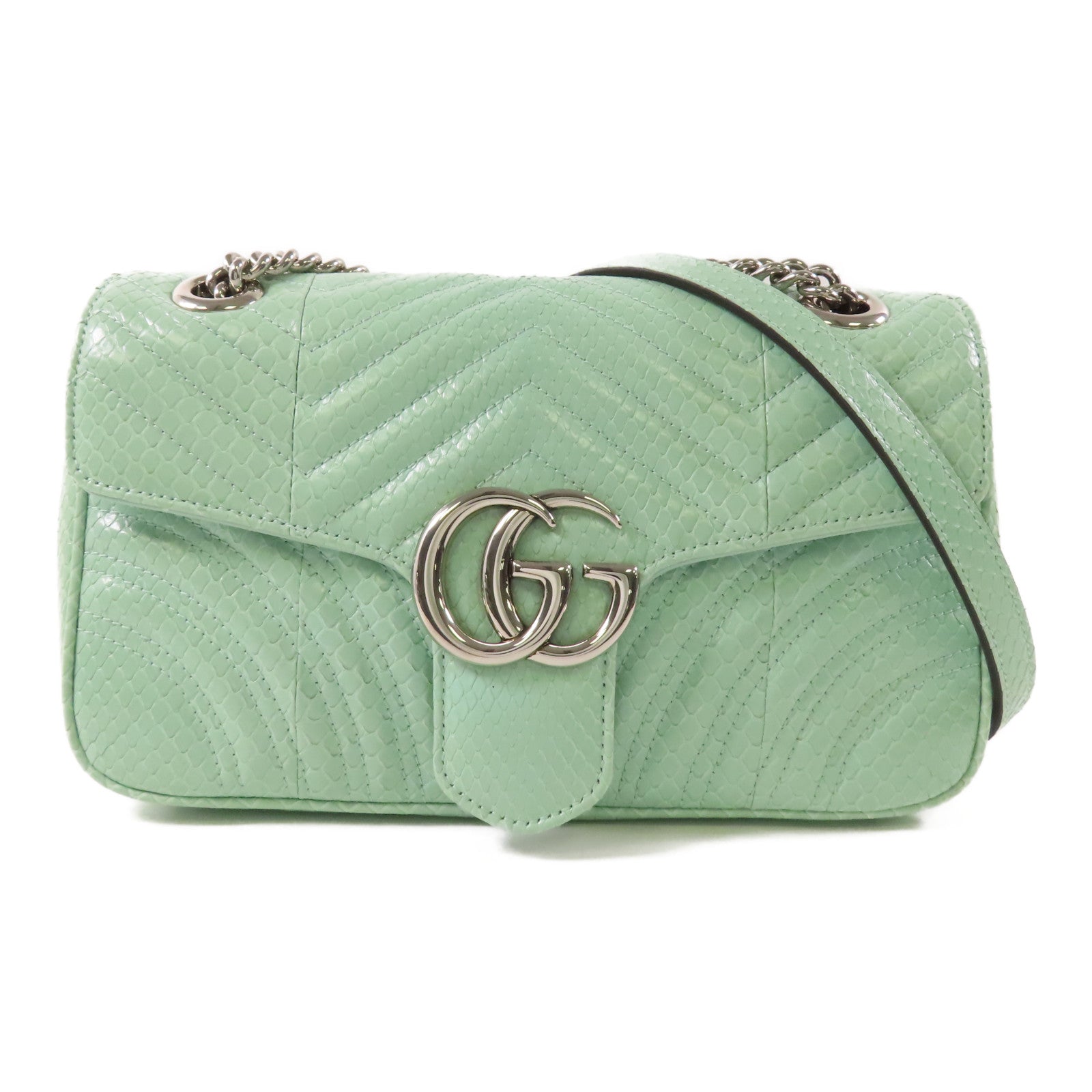 GUCCI 【激減優惠】蛇皮皮革GG Marmont銀扣鏈帶手挽肩背兩用袋