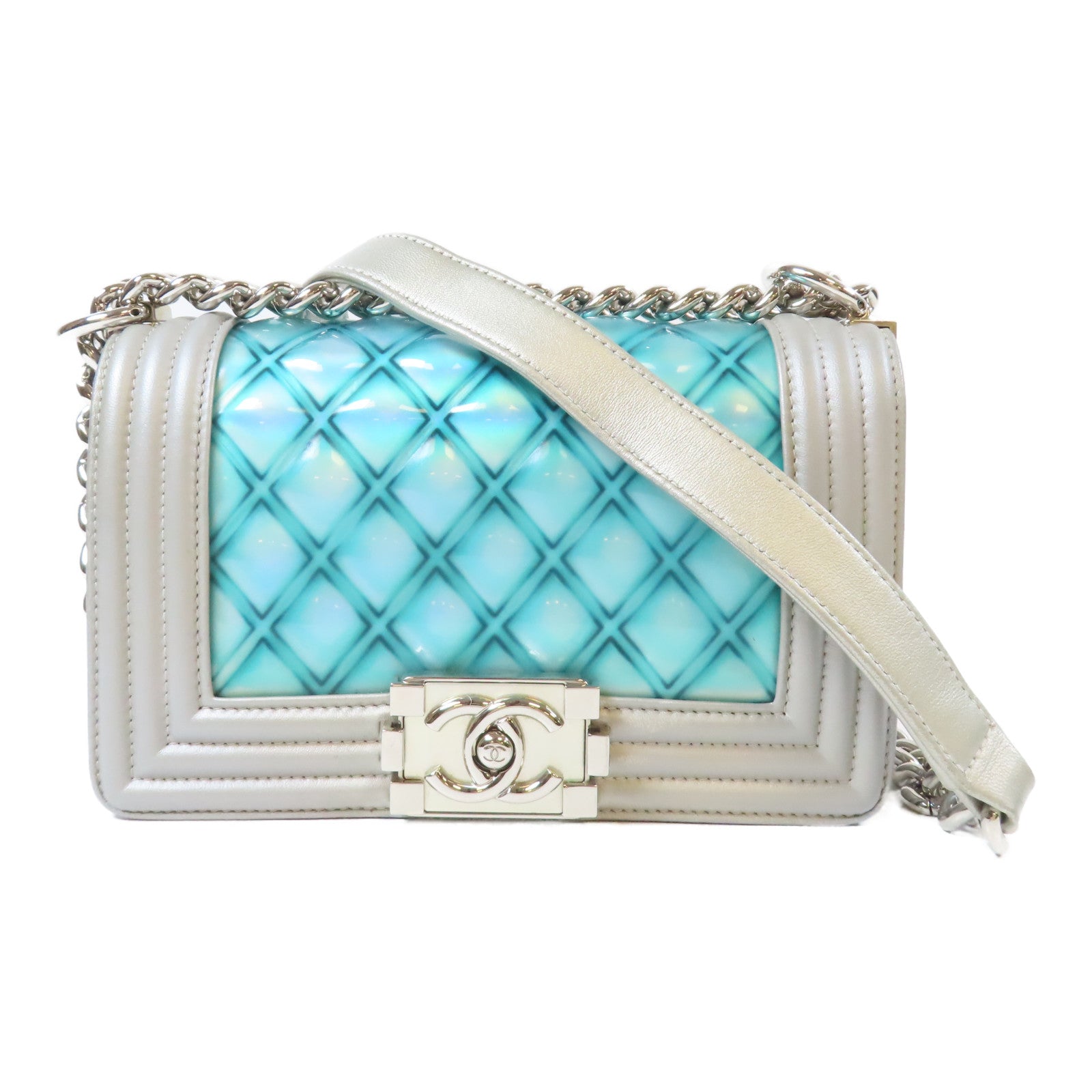 CHANEL 【激減優惠】菱格PVC/皮革Water Boy Flap Bag銀扣鏈帶肩背袋藍色/灰色