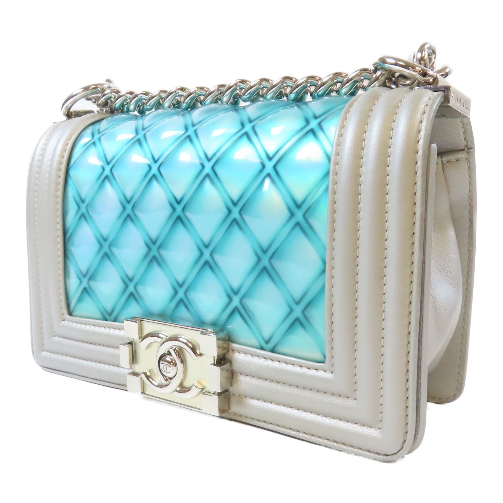 CHANEL 【激減優惠】菱格PVC/皮革Water Boy Flap Bag銀扣鏈帶肩背袋藍色/灰色