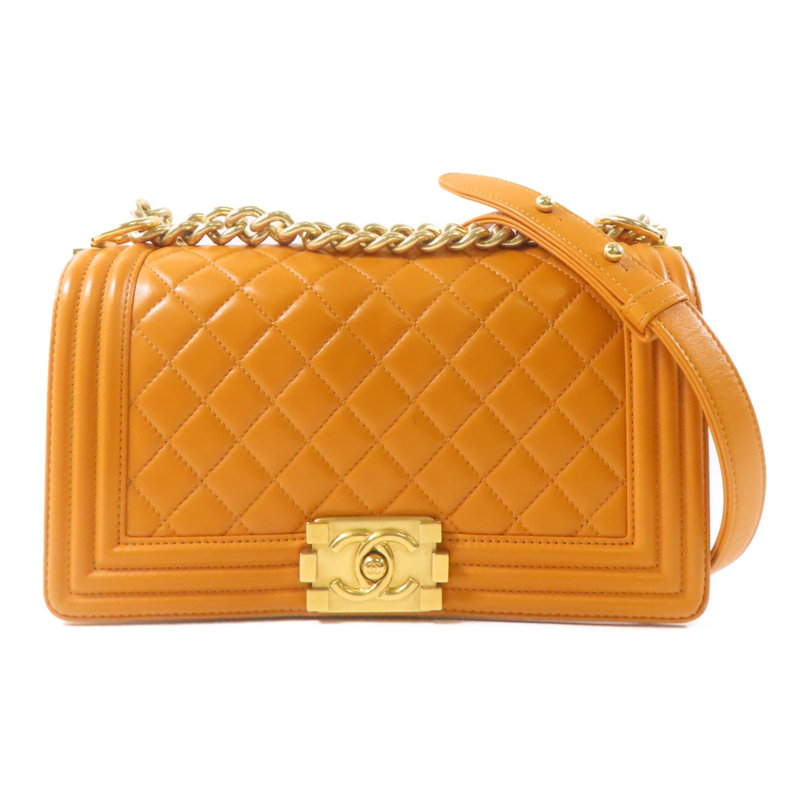 CHANEL 羊皮皮革Boy 25金扣鏈帶肩背袋橙色