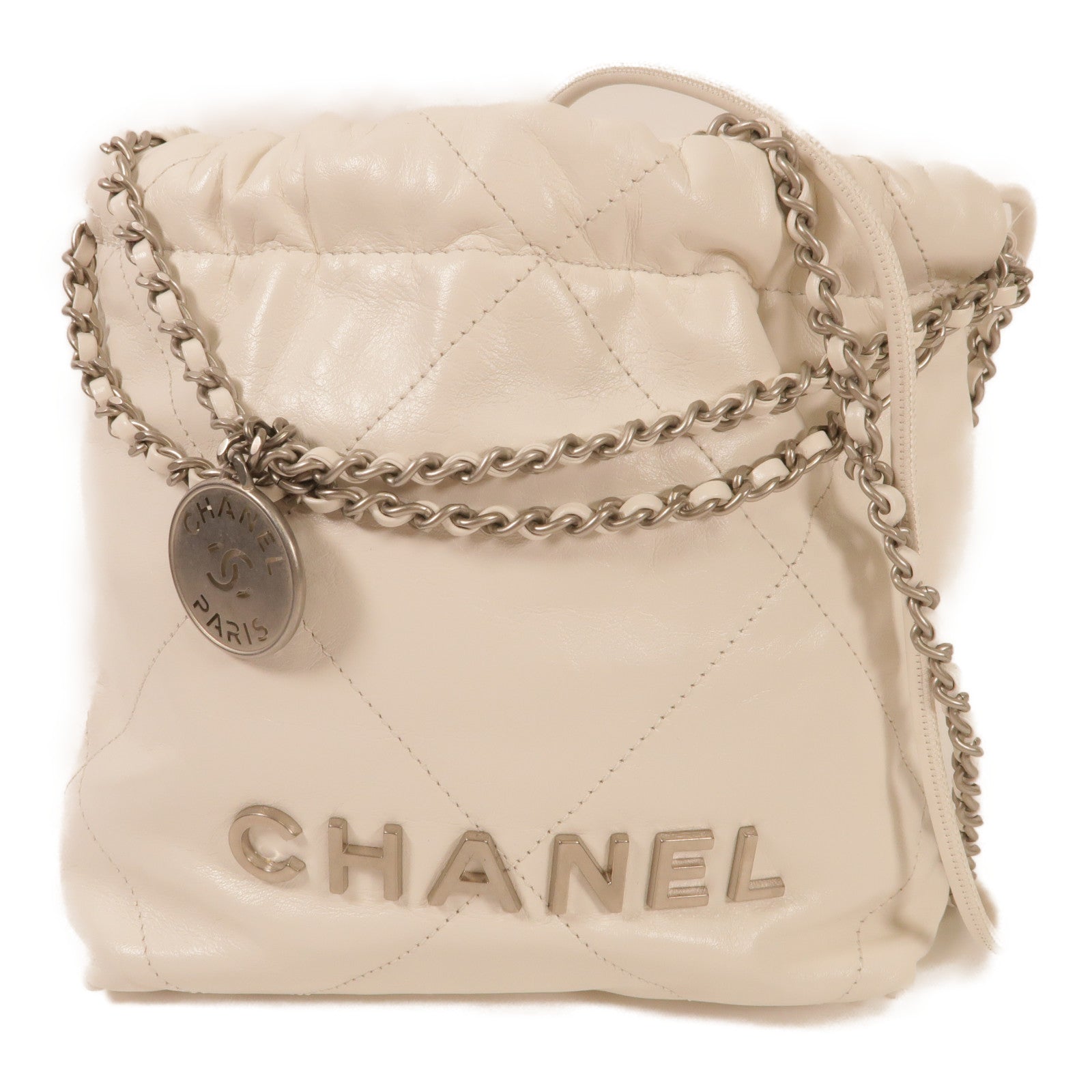 CHANEL 牛皮皮革Mini 22銀扣鏈帶肩背袋