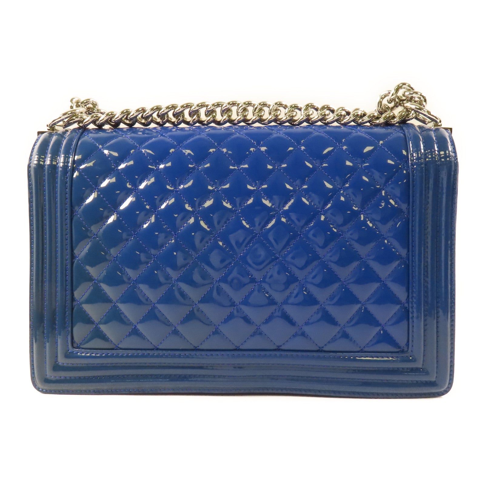 CHANEL CC SHW Boy 28 Chain Shoulder Bag Patent Leather Blue