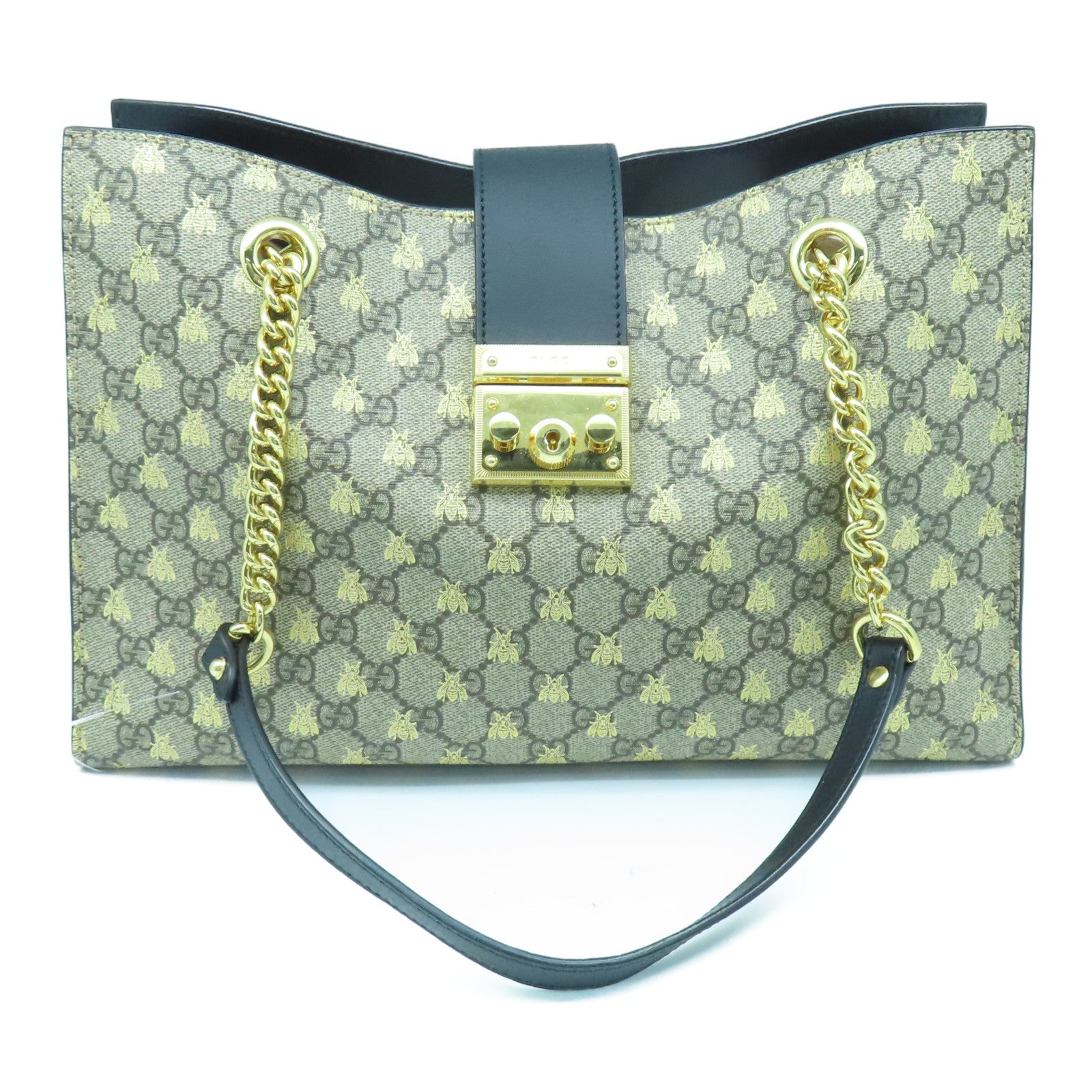 GUCCI Coated Canvas Padlock Medium Shoulder Bag Gold Buckle Chain