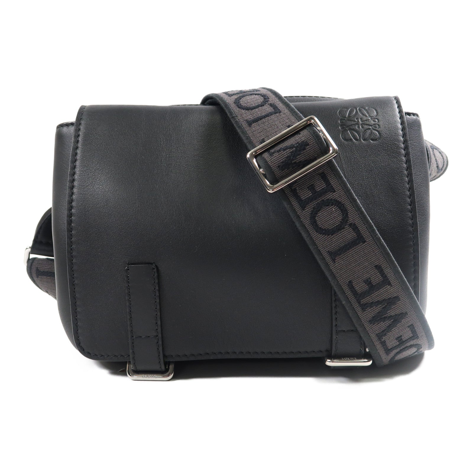 LOEWE SHW Military Messenger Bag Shoulder Bag Calfskin Leather Black