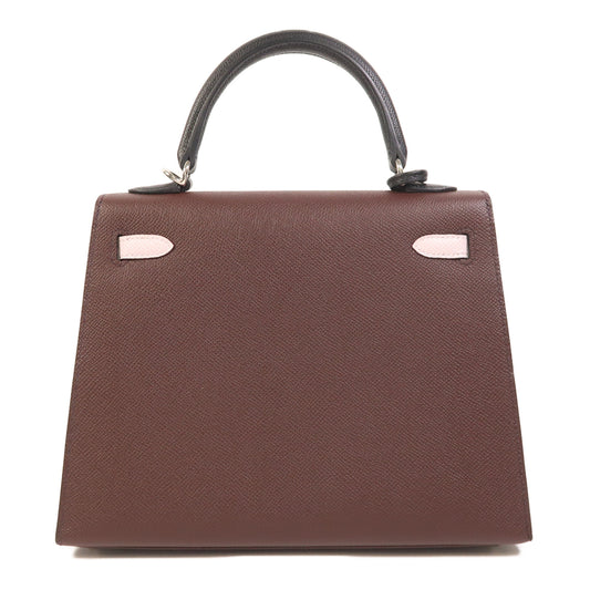 HERMES Epsom皮革Kelly 25銀扣手挽肩背兩用袋Rouge Sellier/Mauve Pale/Noir