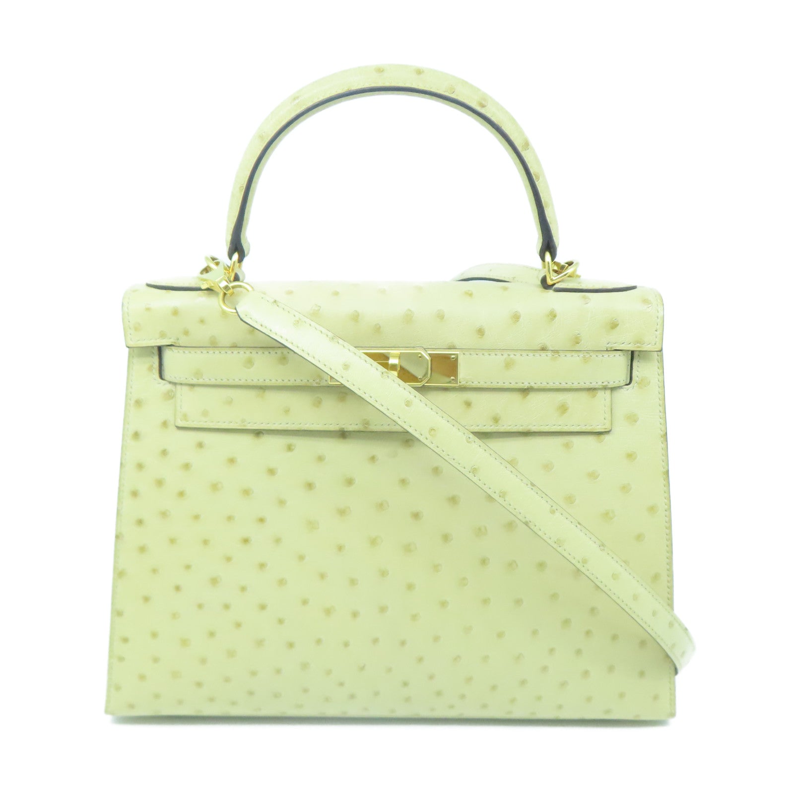 HERMES Ostrich Leather Kelly 28 Gold Buckle Handle Shoulder Bag Wool White
