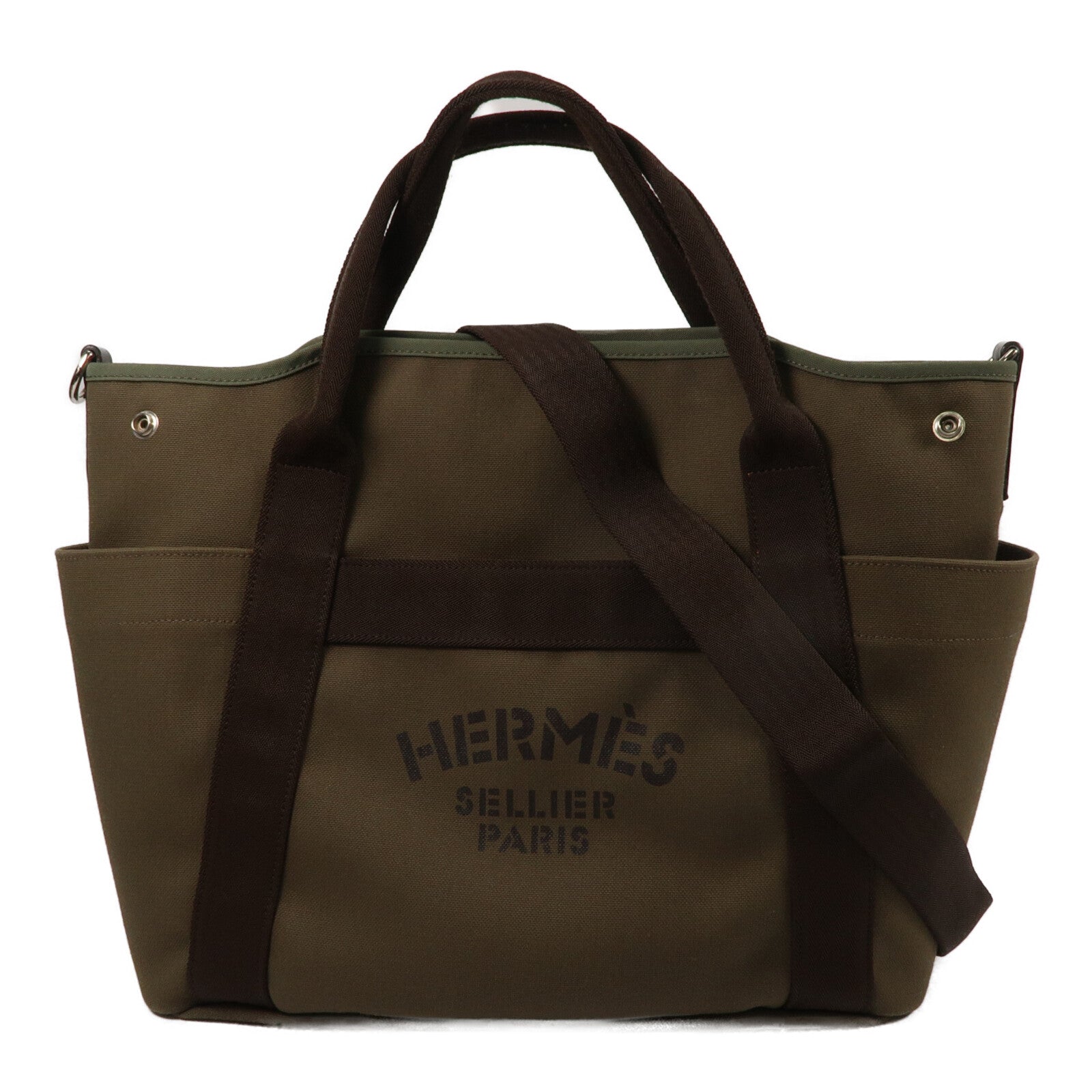 HERMES 帆布The Grooming Bag手挽肩背兩用袋Kaki/Feu