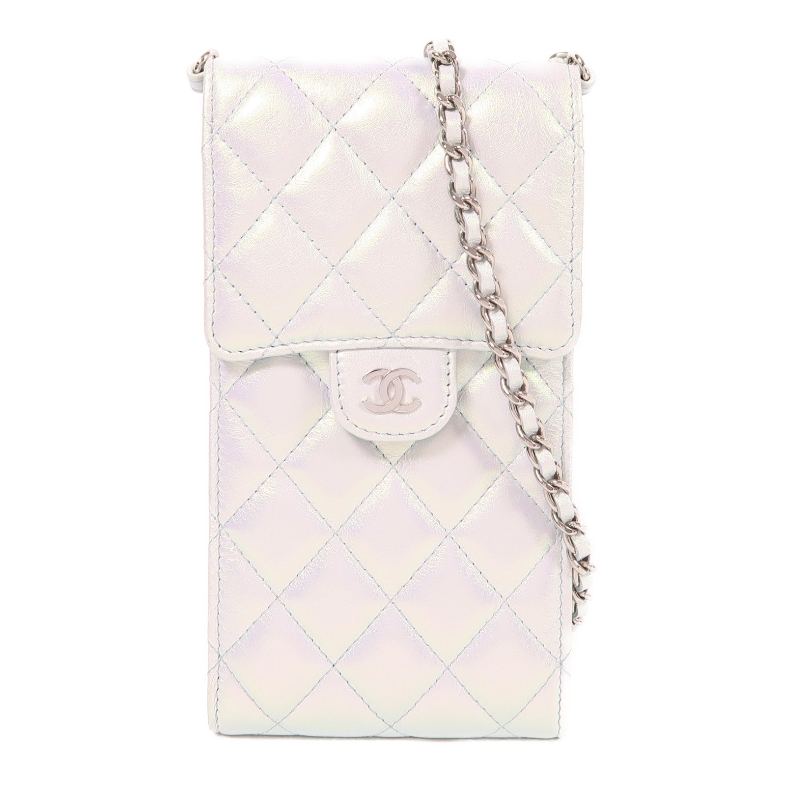 CHANEL CC SHW Phone Holder Chain Shoulder Bag Leather Shiny Light Blue