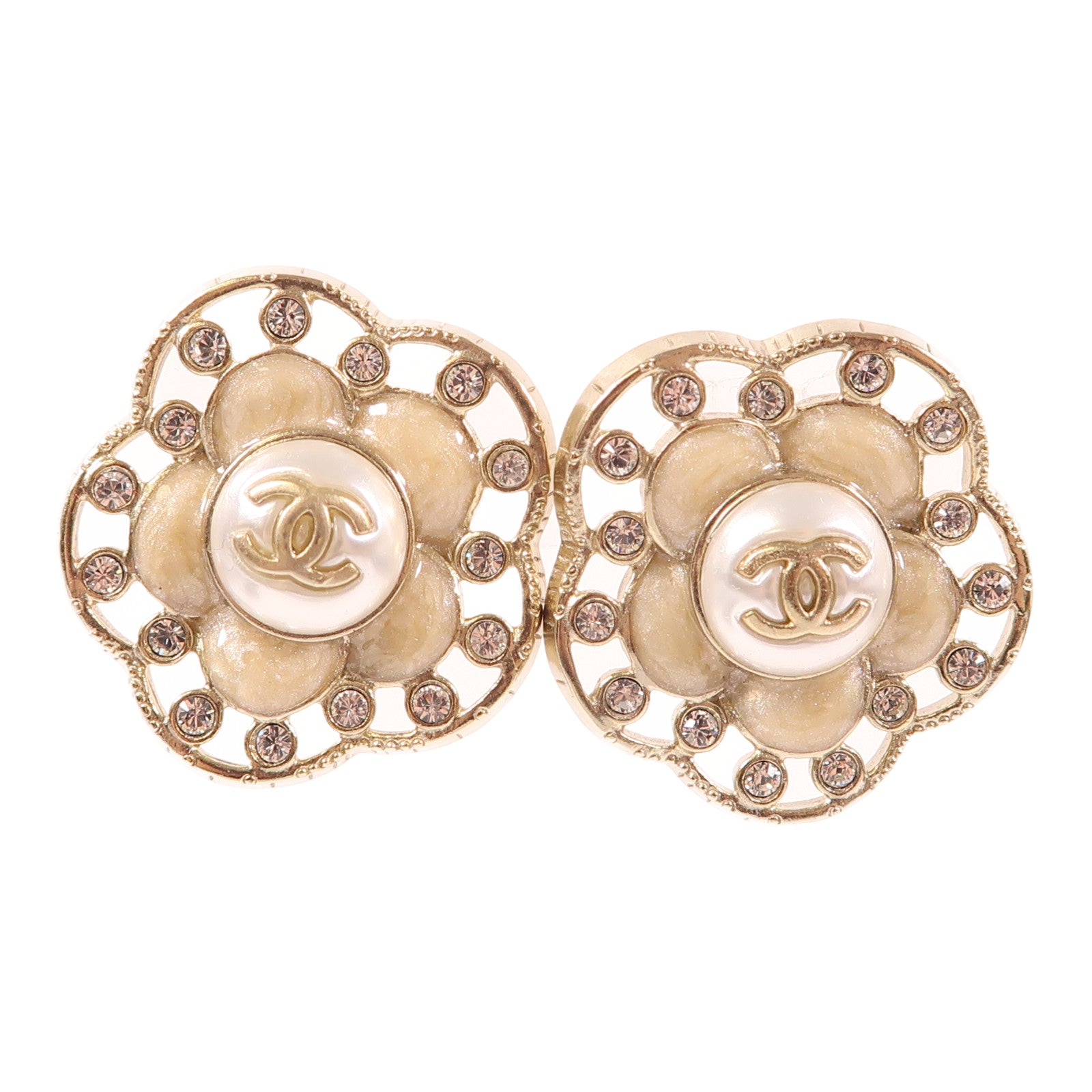 CHANEL CC Pierced Earring Metal Crystal PVC Gold White