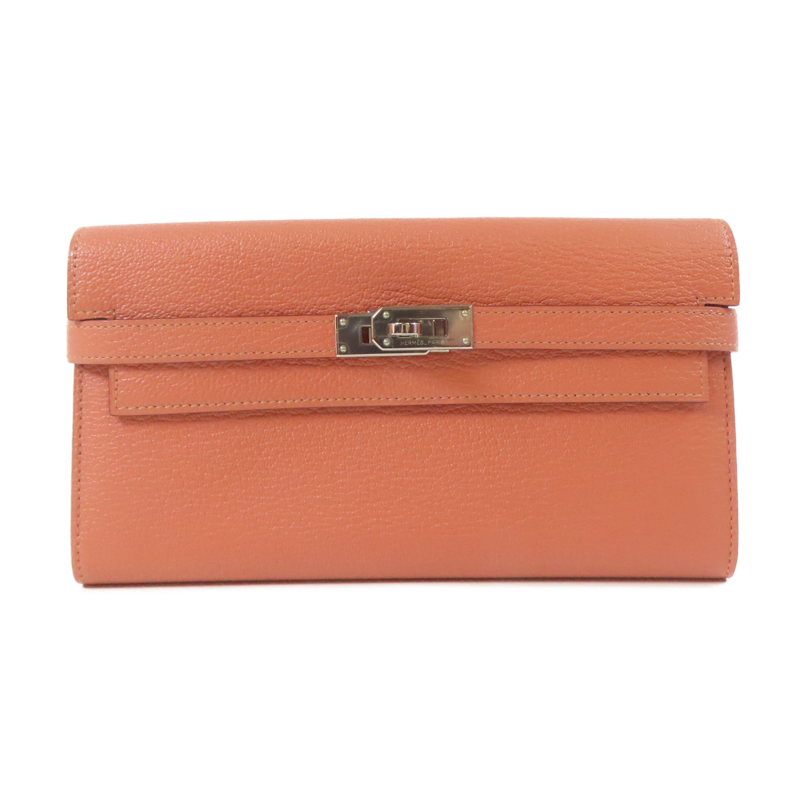 HERMES Chevre皮革Kelly Wallet銀扣長錢包Crevette龍蝦粉