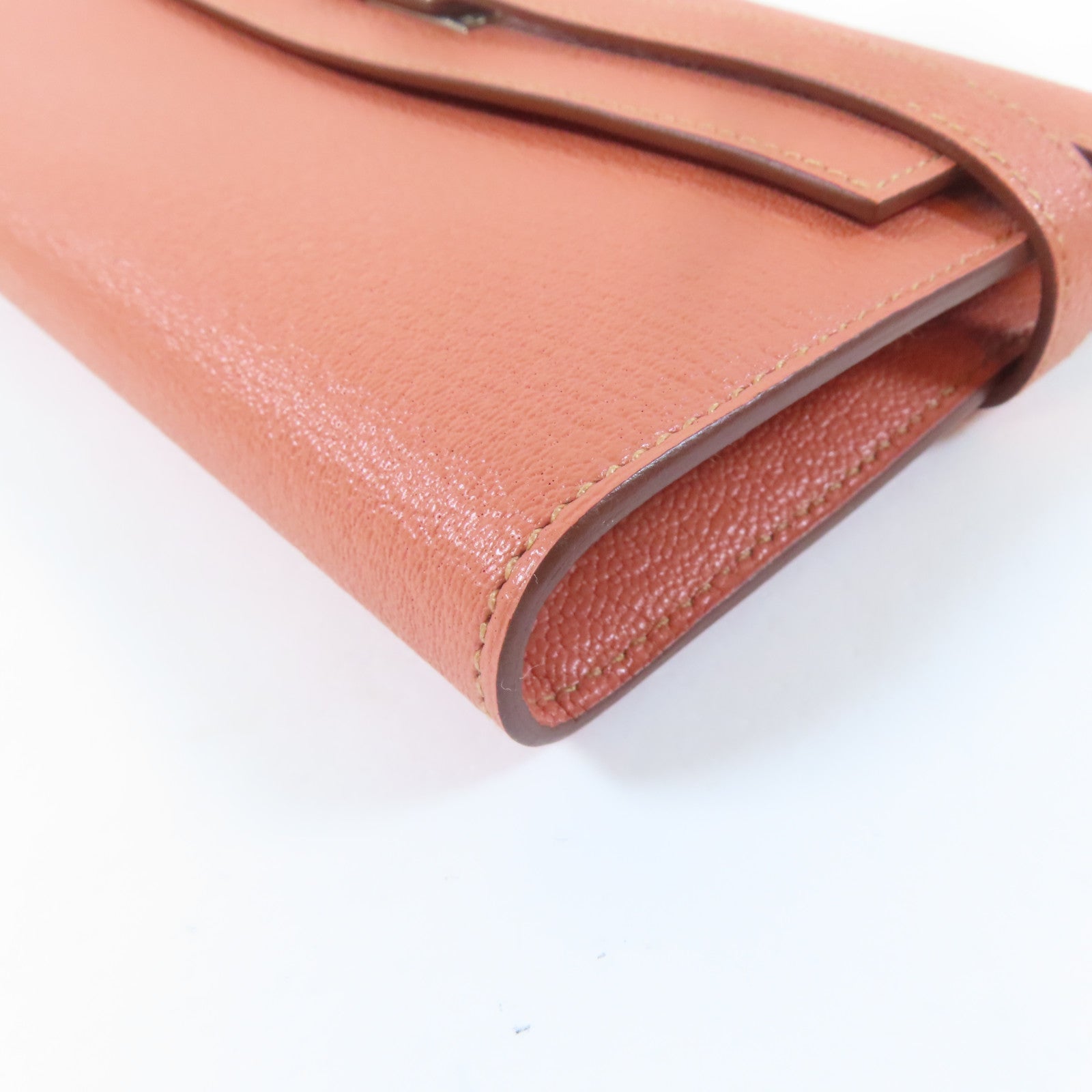 HERMES Chevre皮革Kelly Wallet銀扣長錢包Crevette龍蝦粉