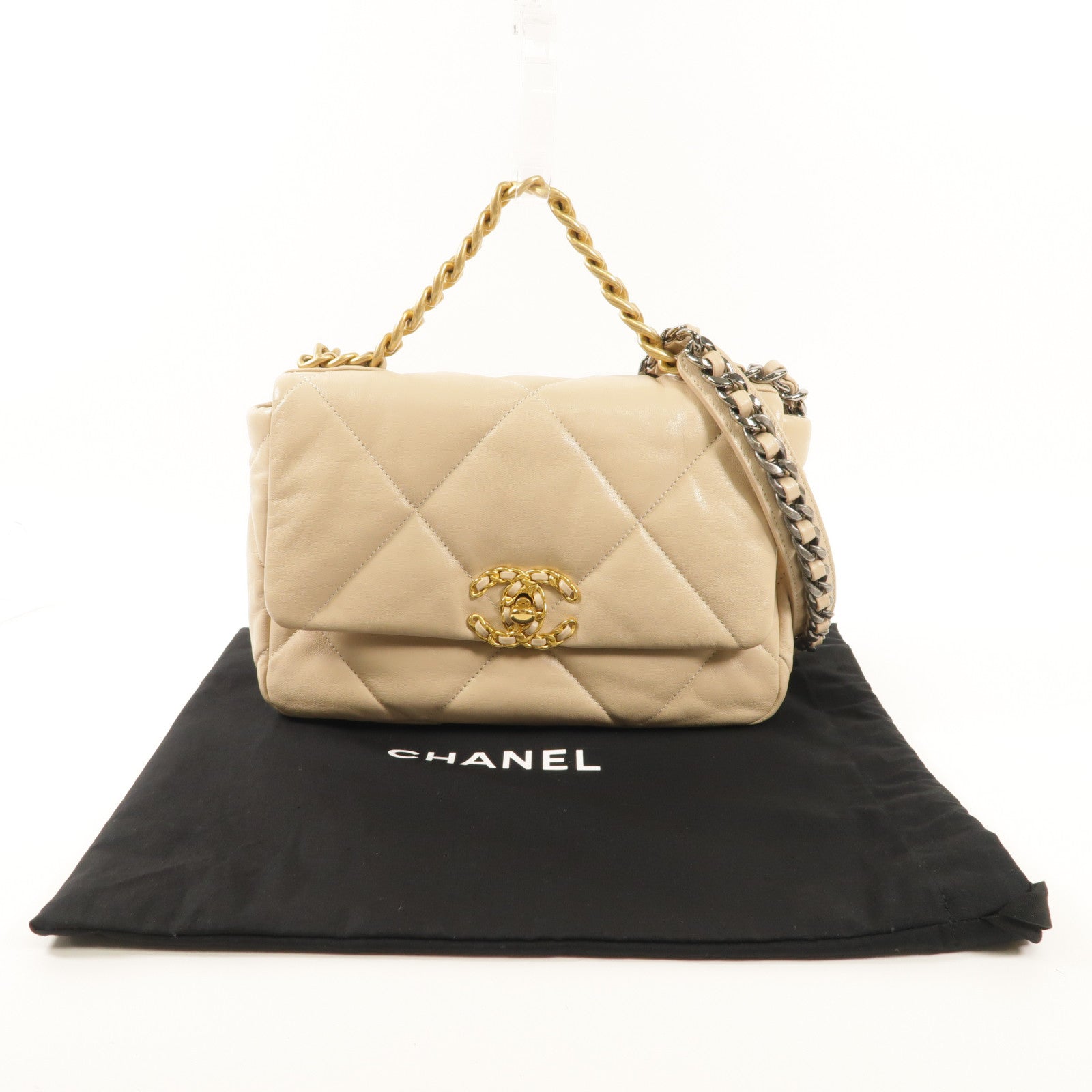 CHANEL 羊皮皮革19 Flap Bag金扣/銀扣手挽肩背兩用袋