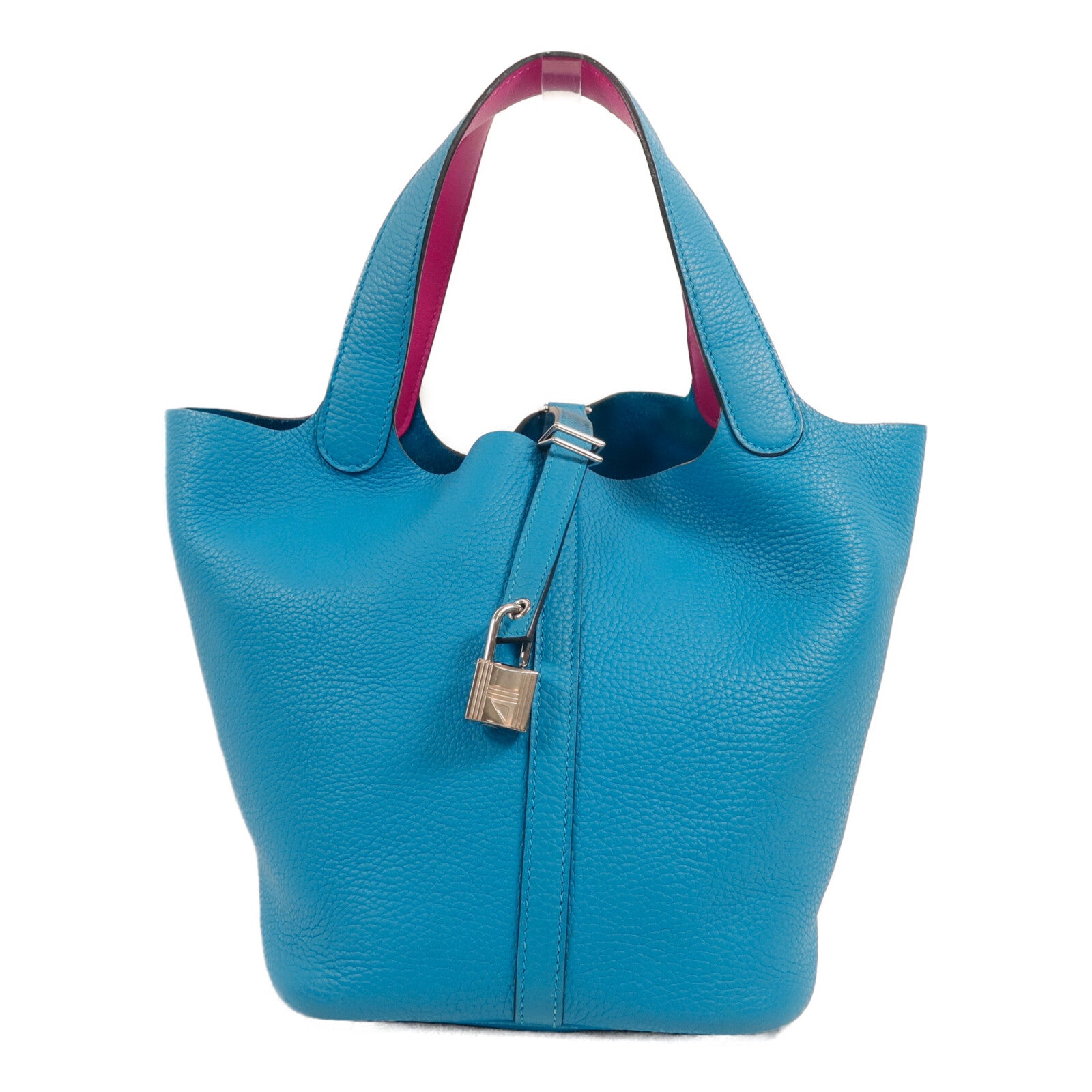 HERMES Clemence皮革Picotin MM扣手挽袋Bleu Frida/Rose Mex