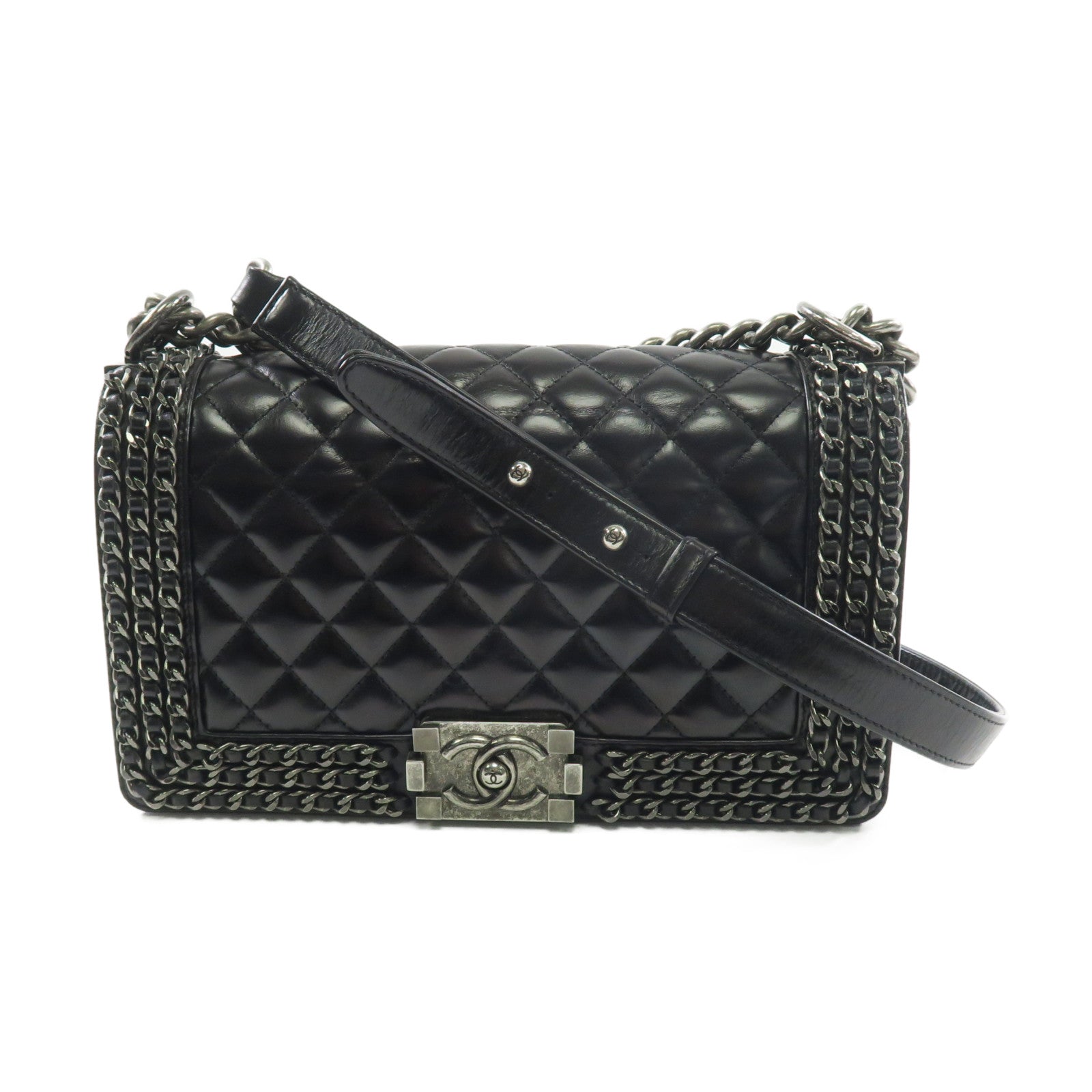 CHANEL 羊皮皮革Boy 25銀扣鏈帶肩背袋黑色