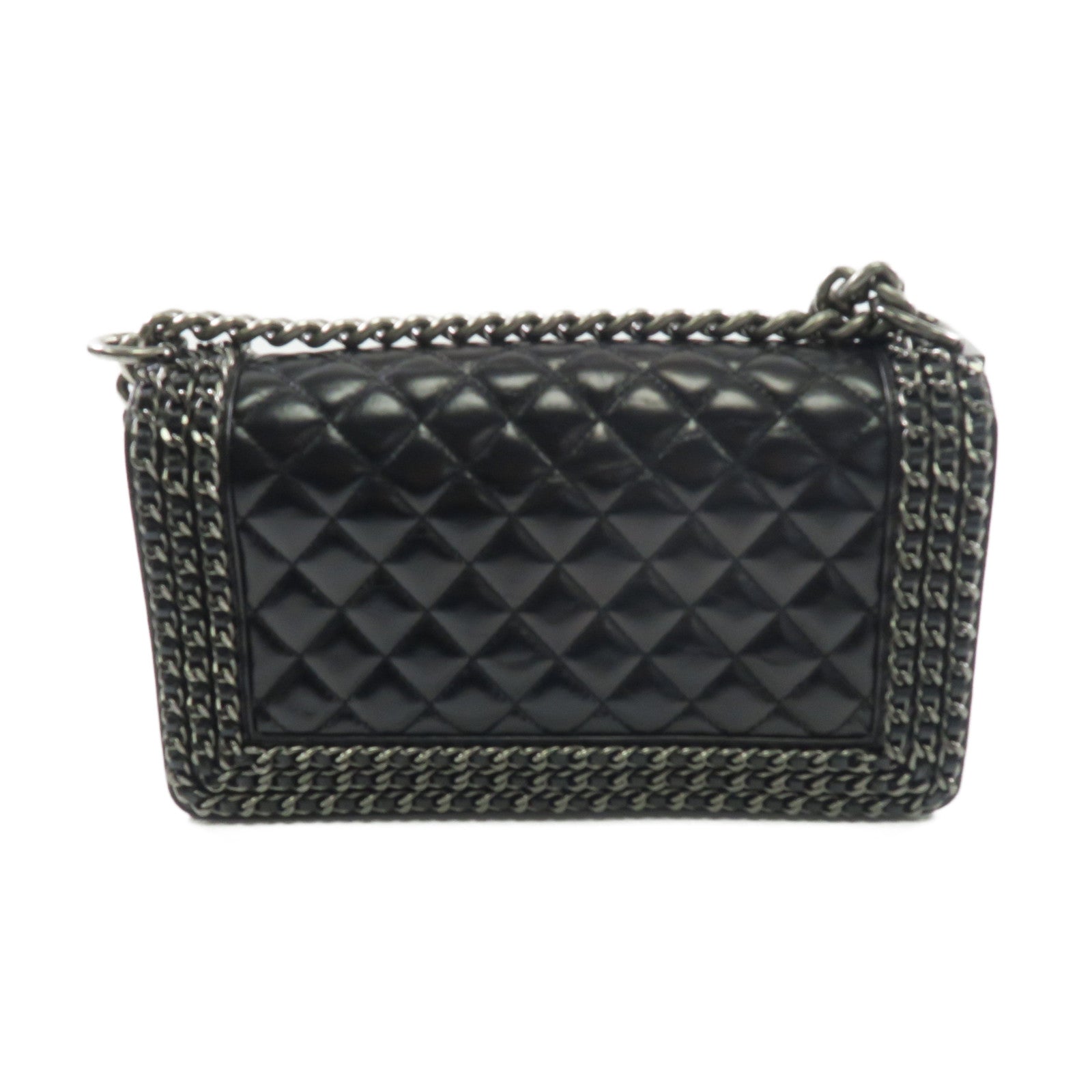 CHANEL 羊皮皮革Boy 25銀扣鏈帶肩背袋黑色