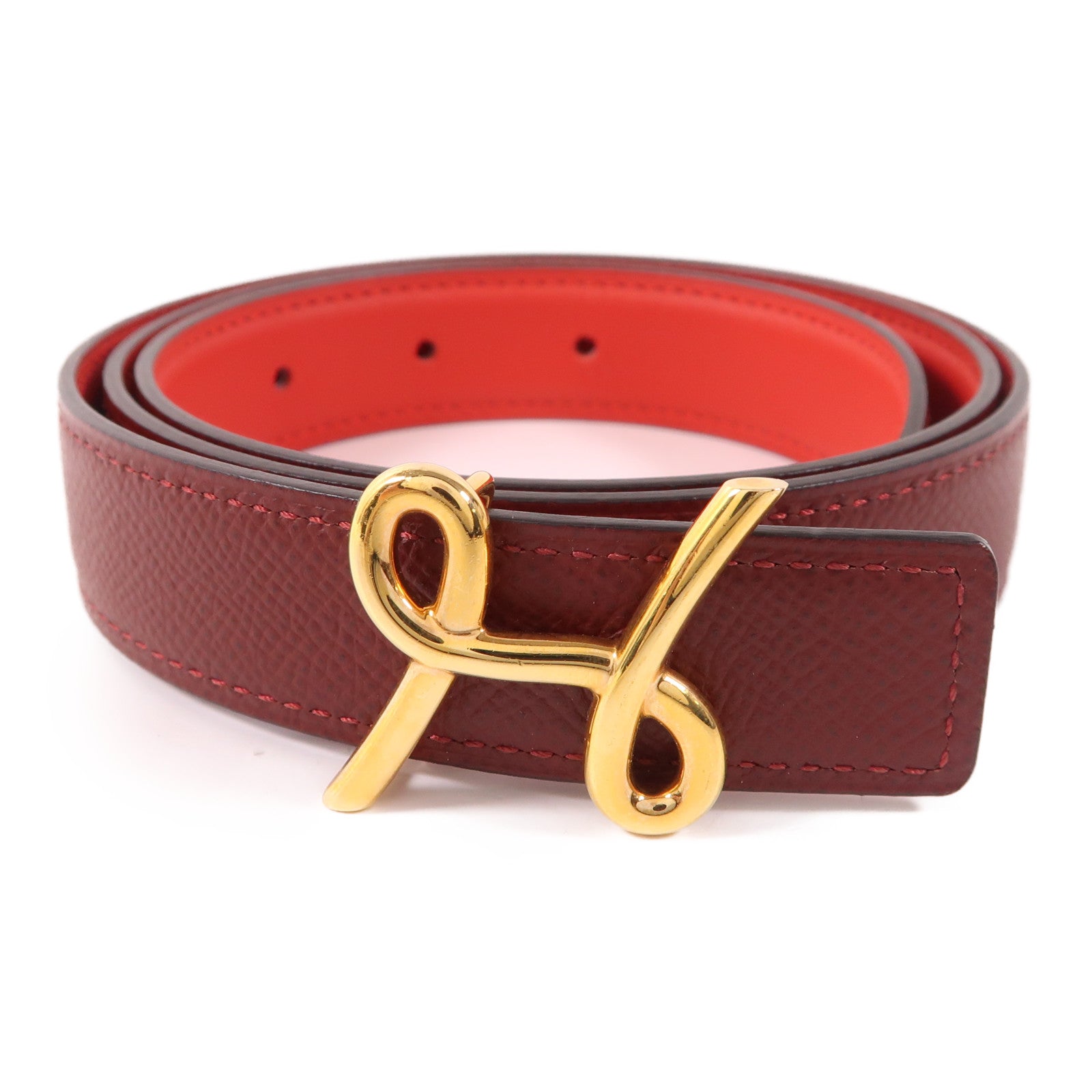 HERMES Epsom/Swift皮革H Cursives Belt金扣皮帶Rouge De Rouge/Rouge H