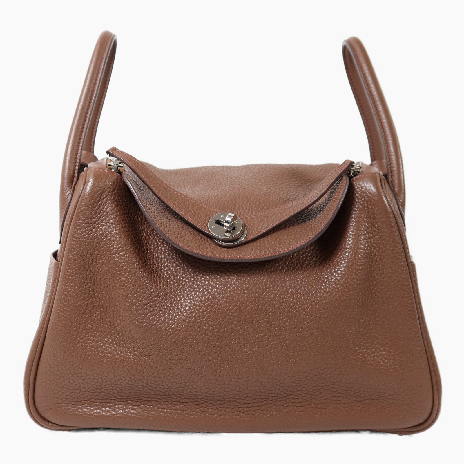 HERMES Clemence皮革Lindy 30銀扣肩背袋Havane/Rouge Grenade