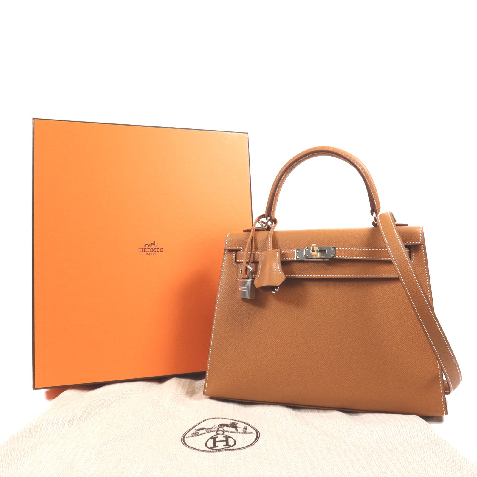 HERMES Epsom皮革Kelly 25銀扣手挽肩背兩用袋Gold