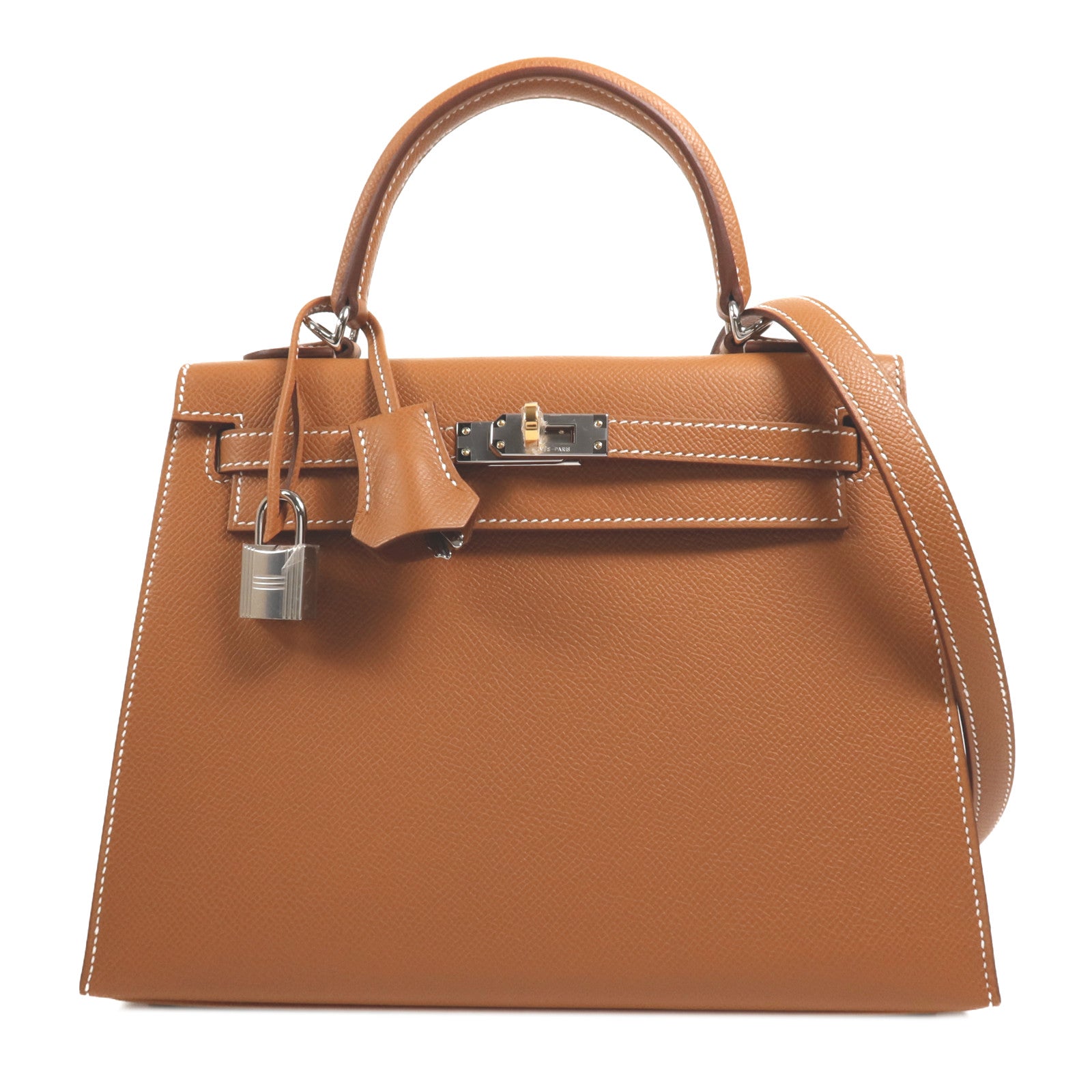 HERMES Epsom皮革Kelly 25銀扣手挽肩背兩用袋Gold