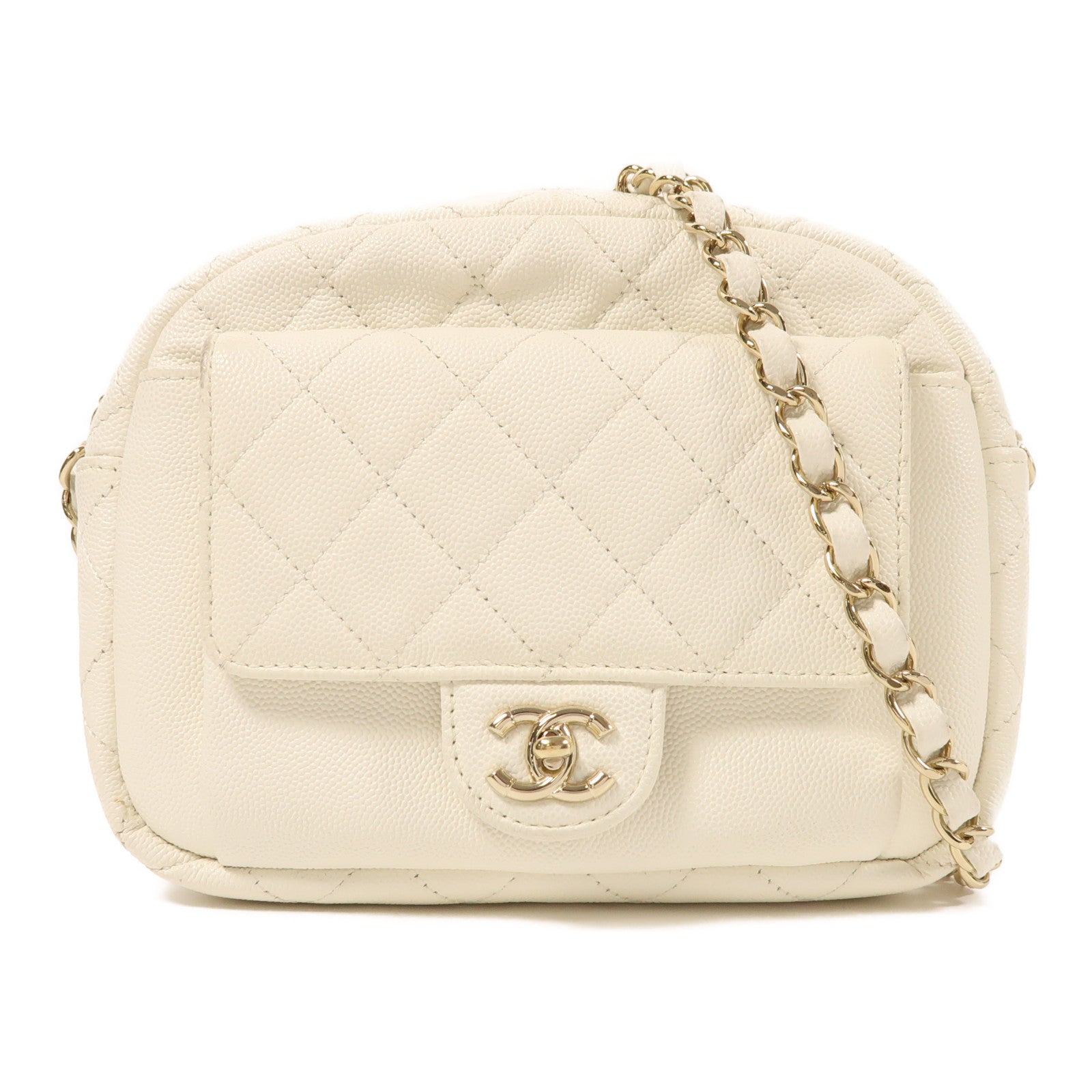 CHANEL CC GHW Shoulder Bag Calfskin Leather White