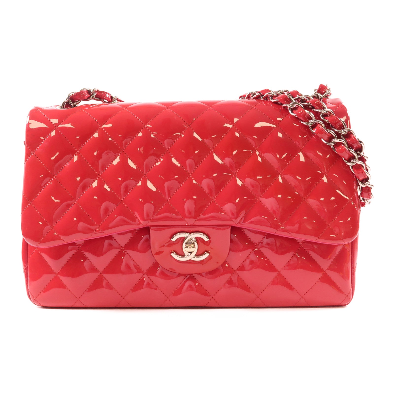 CHANEL 漆皮皮革Large Classic銀扣鏈帶肩背袋