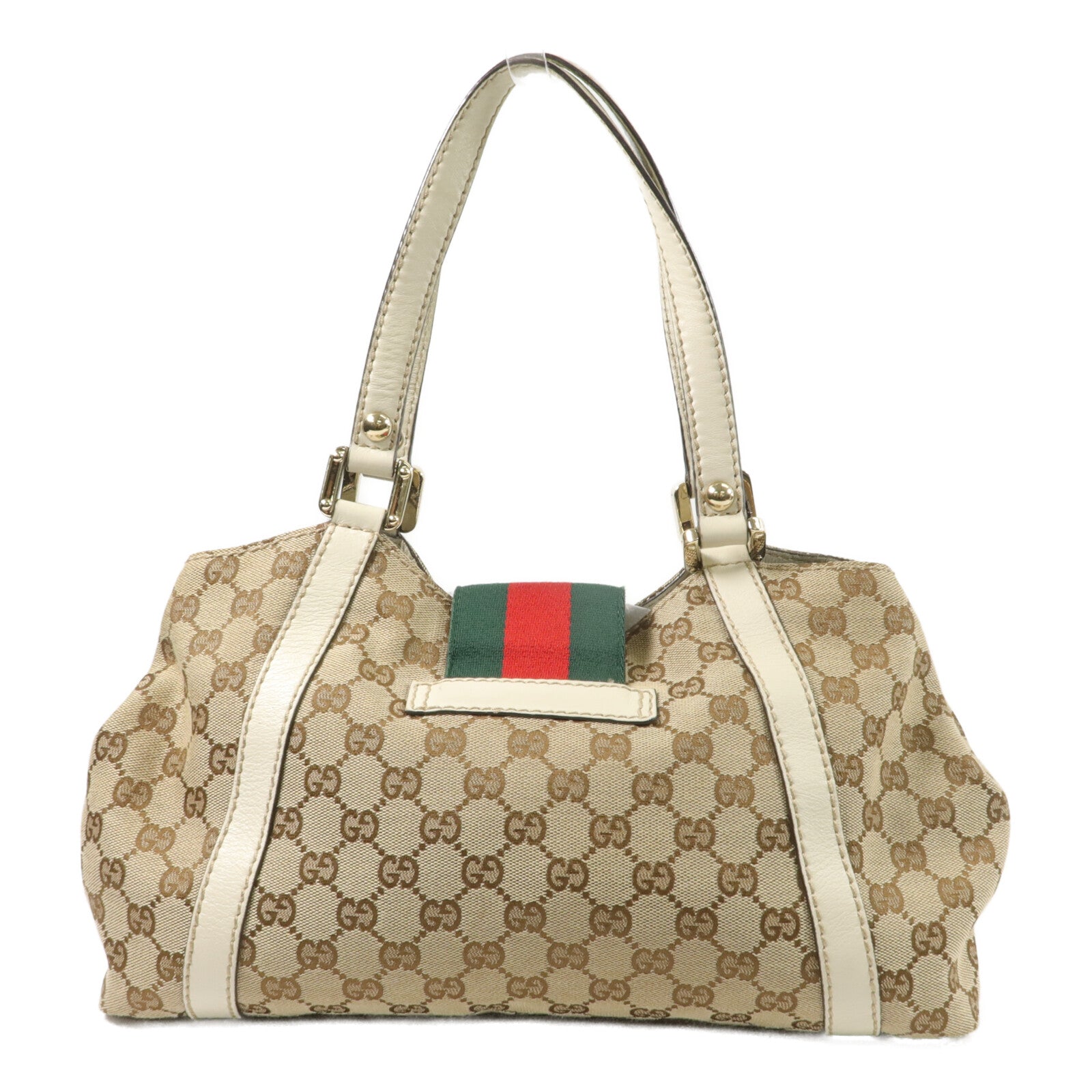 GUCCI 帆布/牛皮皮革Web Flap Tote肩背袋
