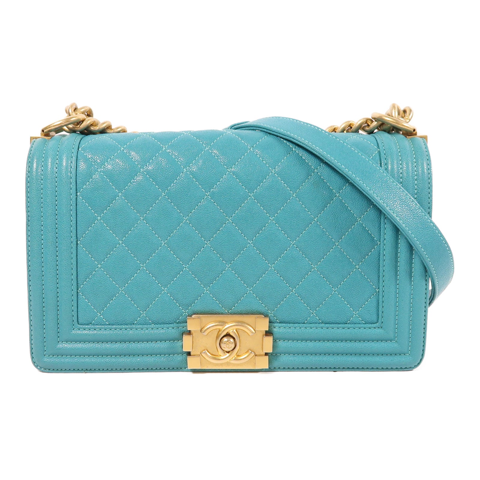 CHANEL CC GHW Boy 25 Chain Shoulder Bag Calfskin Leather Blue