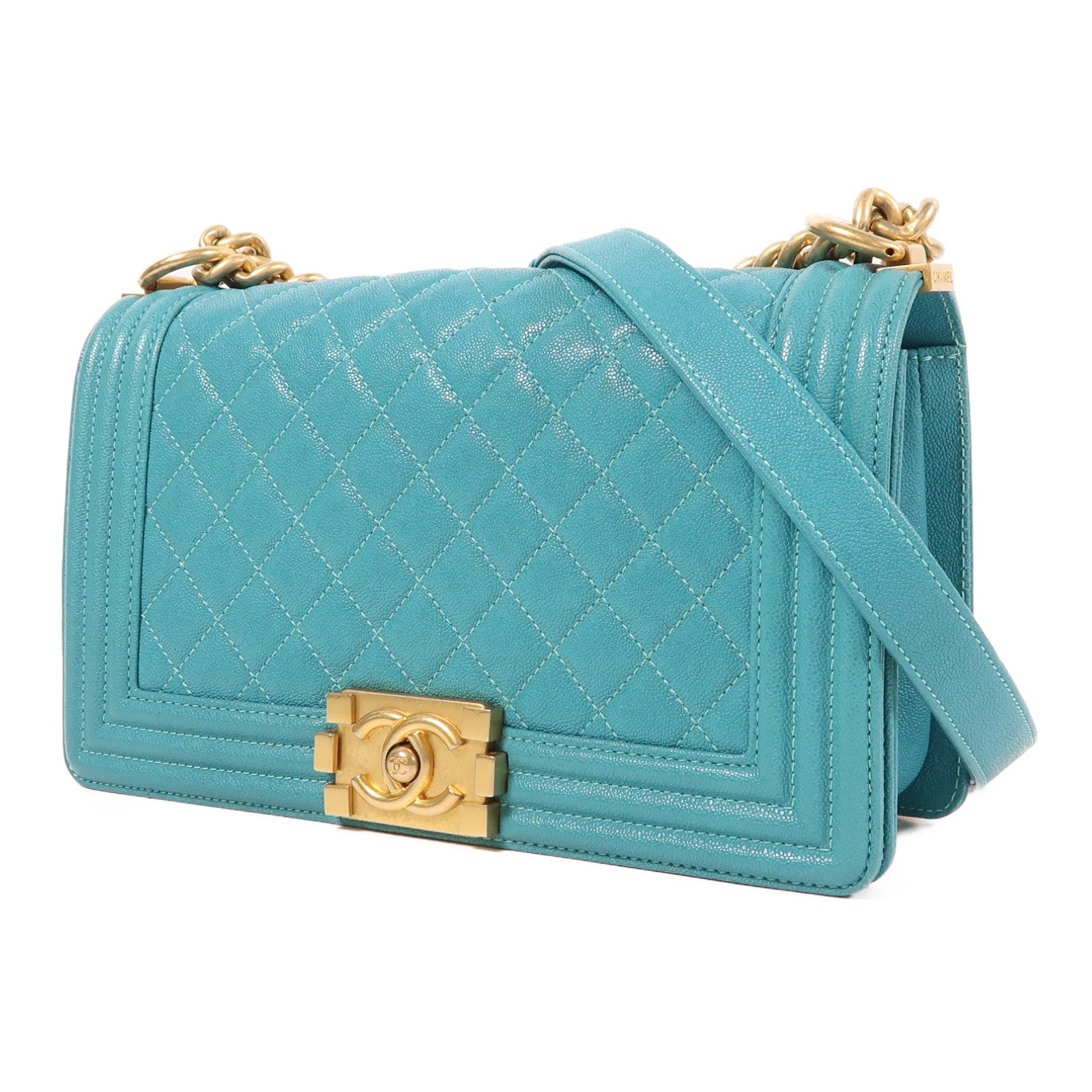 CHANEL CC GHW Boy 25 Chain Shoulder Bag Calfskin Leather Blue