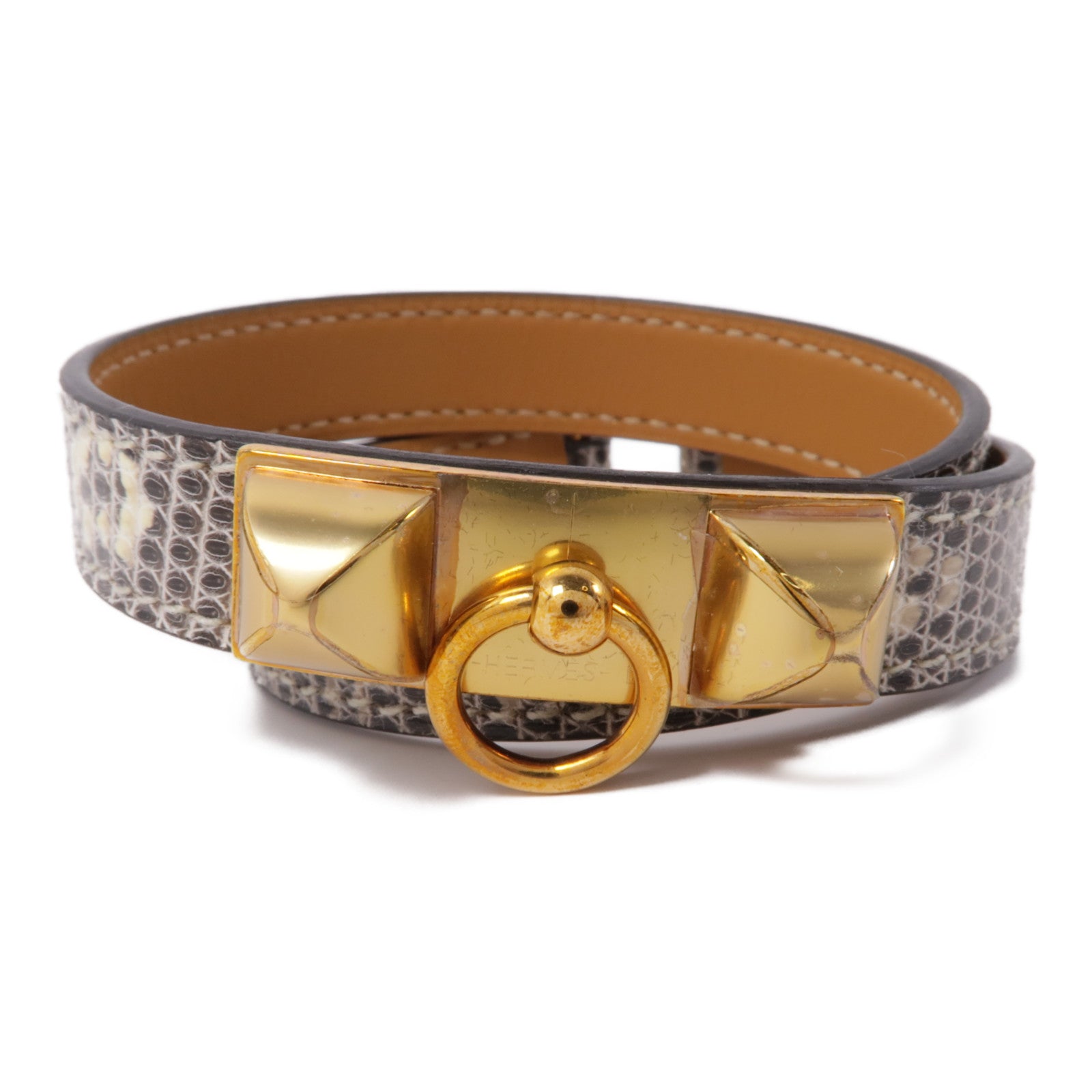 HERMES 蜥蝪皮革Rivale Double Tour金扣手鐲灰色